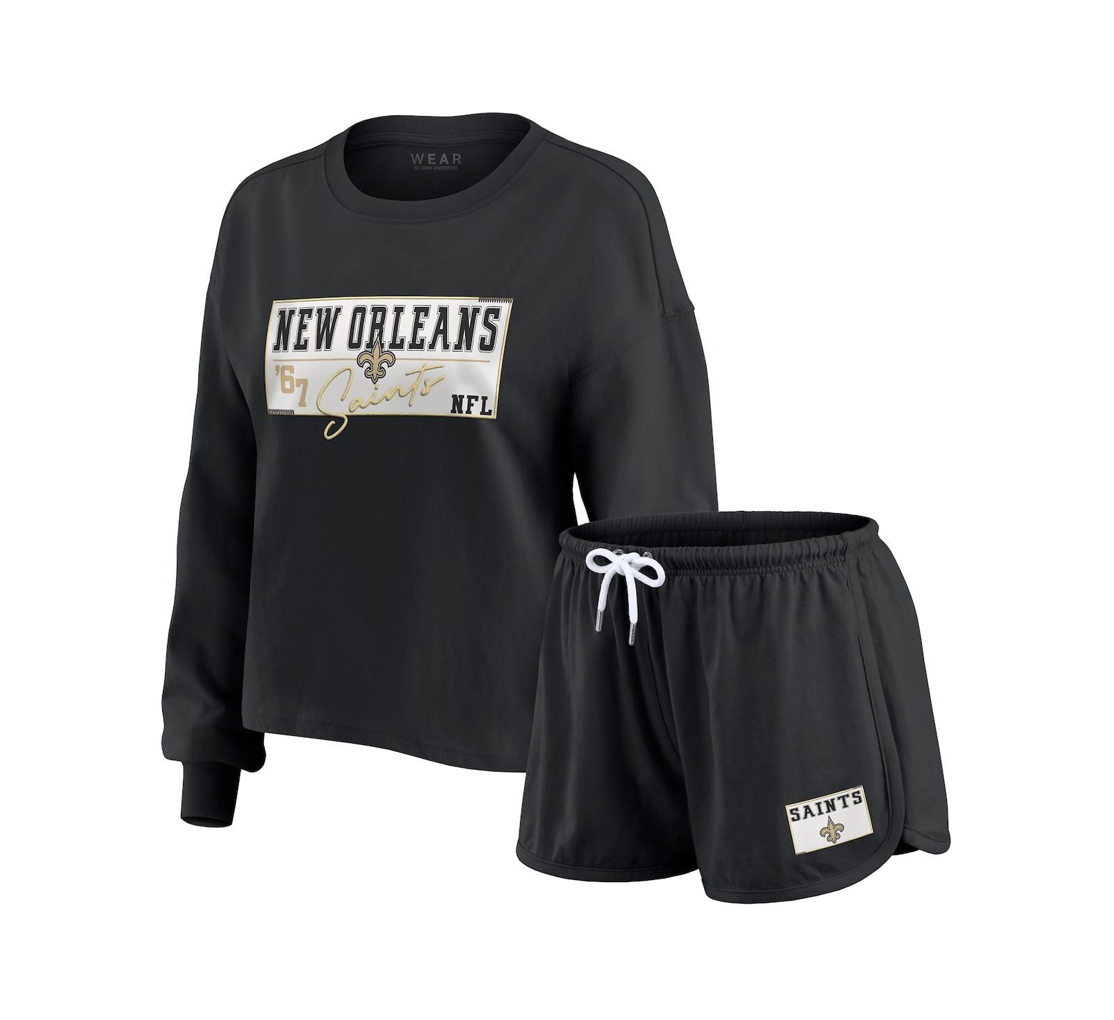 WEAR by Erin Andrews женский комплект из 2 предметов: лонгслив и шорты для отдыха, черный, New Orleans Saints Heavy Rugby