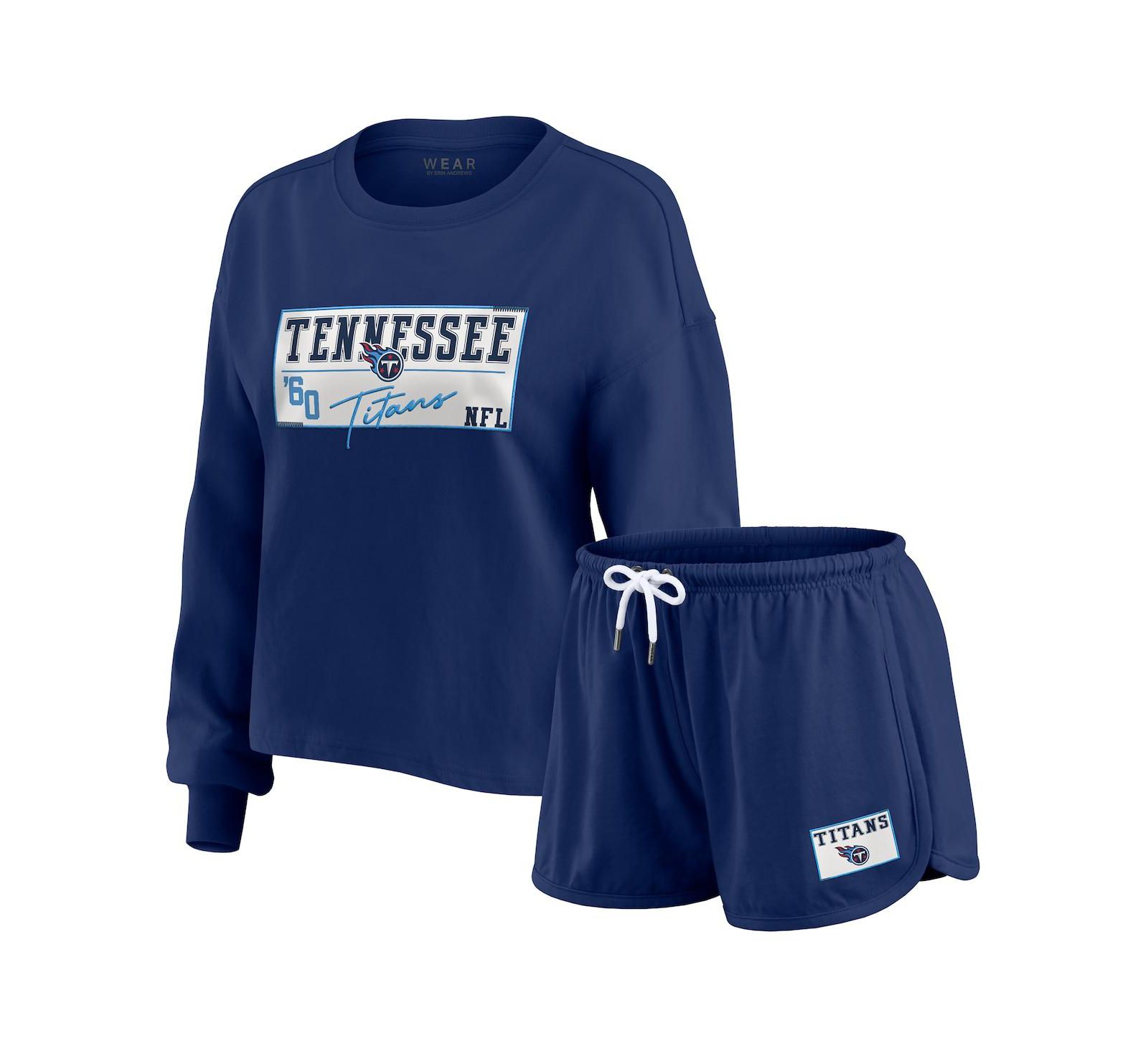 Женский комплект WEAR by Erin Andrews Navy Tennessee Titans Heavy Rugby Jersey Long Sleeve T-Shirt and Shorts Lounge Set