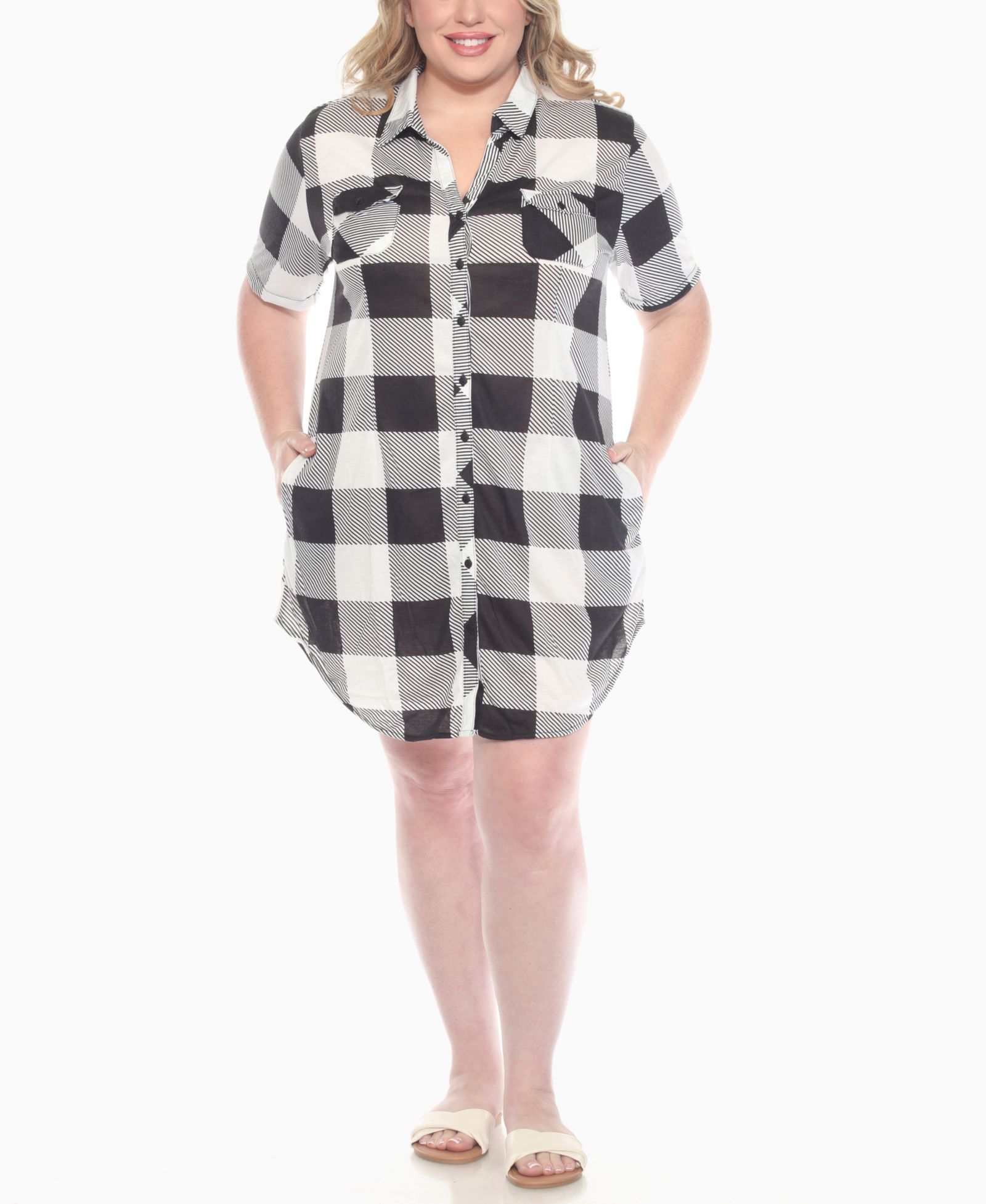 White Mark Plus Size Short Sleeve Plaid Button-Down Shirt Dress