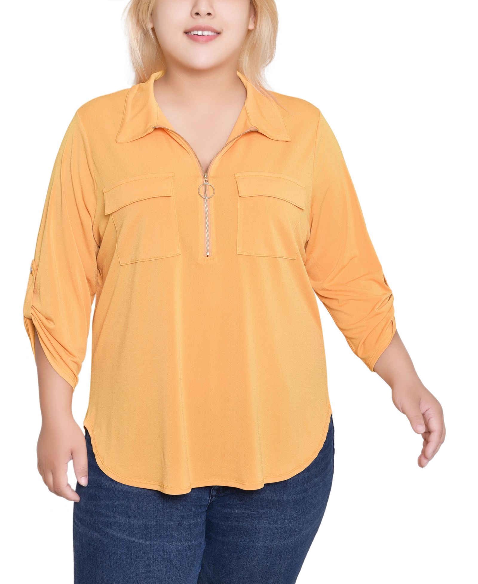 NY Collection Plus Size 3/4 Roll Tab Zip Front Top