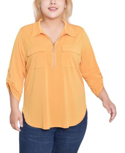 NY Collection Plus Size Топ на молнии с рукавом 3/4 Roll Tab