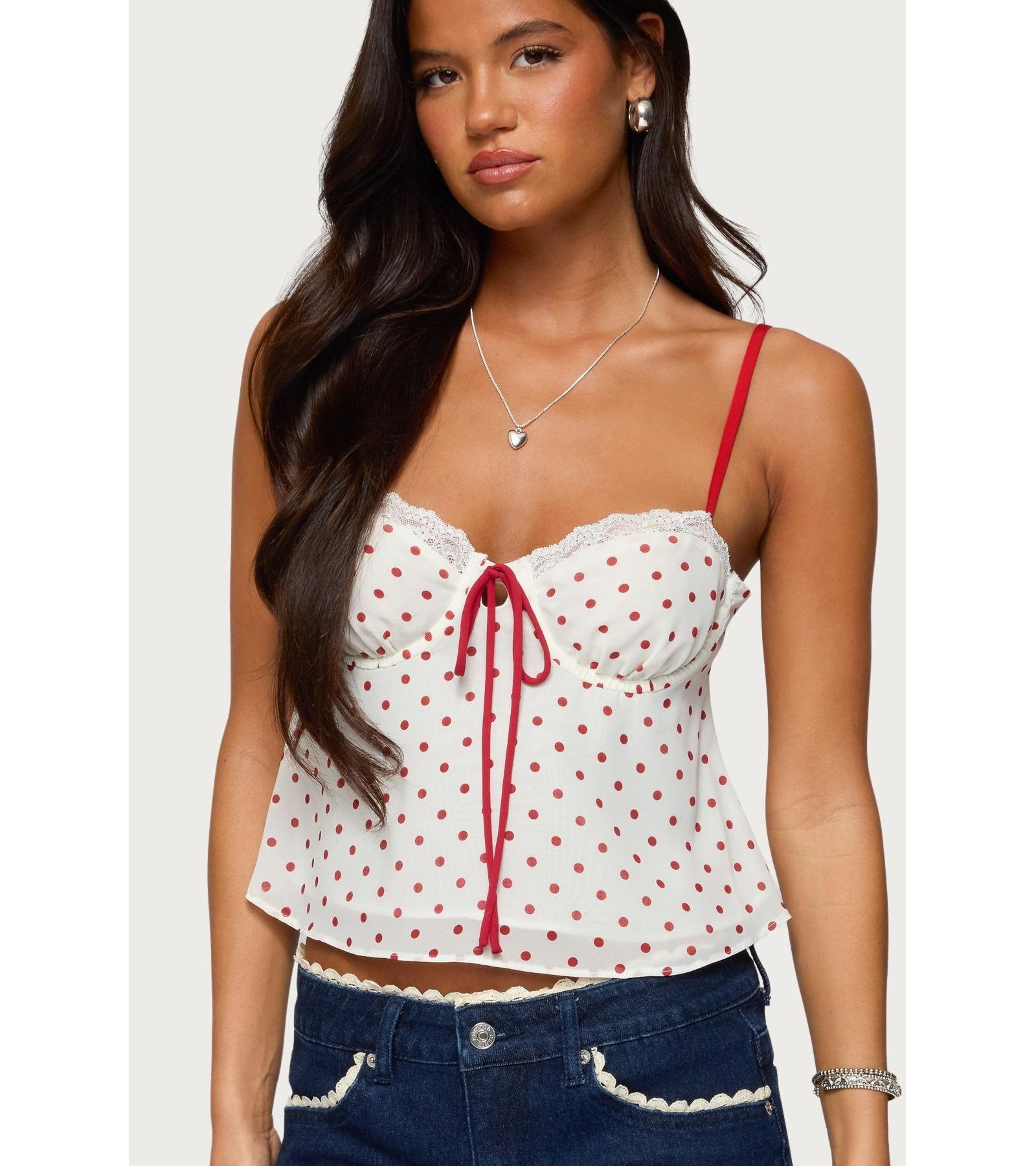 Edikted Women's Contrast Polka Dot Cupped Chiffon Top