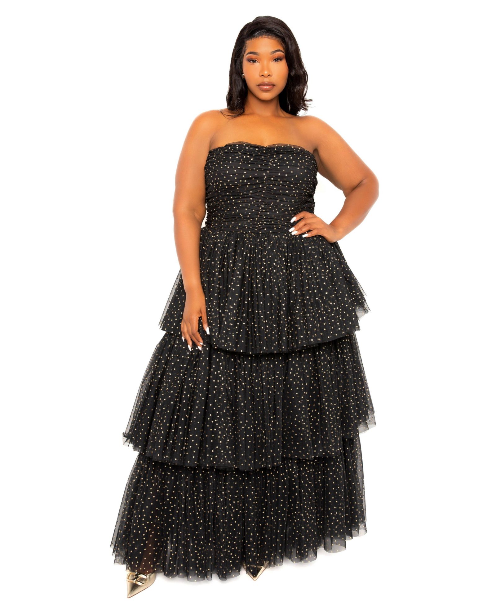 Buxom Couture платье макси Plus Size с металлическим горошком и многослойным тюлем