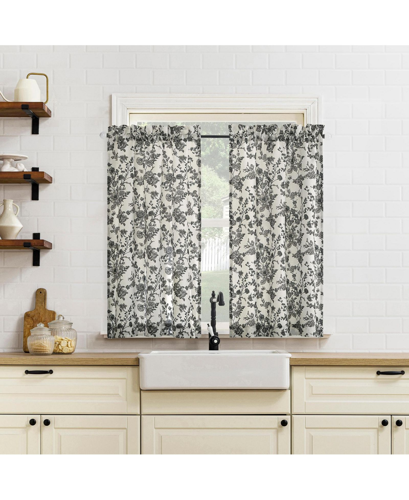 No. 918 Elodie Tonal Botanical Semi-Sheer Rod Pocket Kitchen Curtain Tier Pair