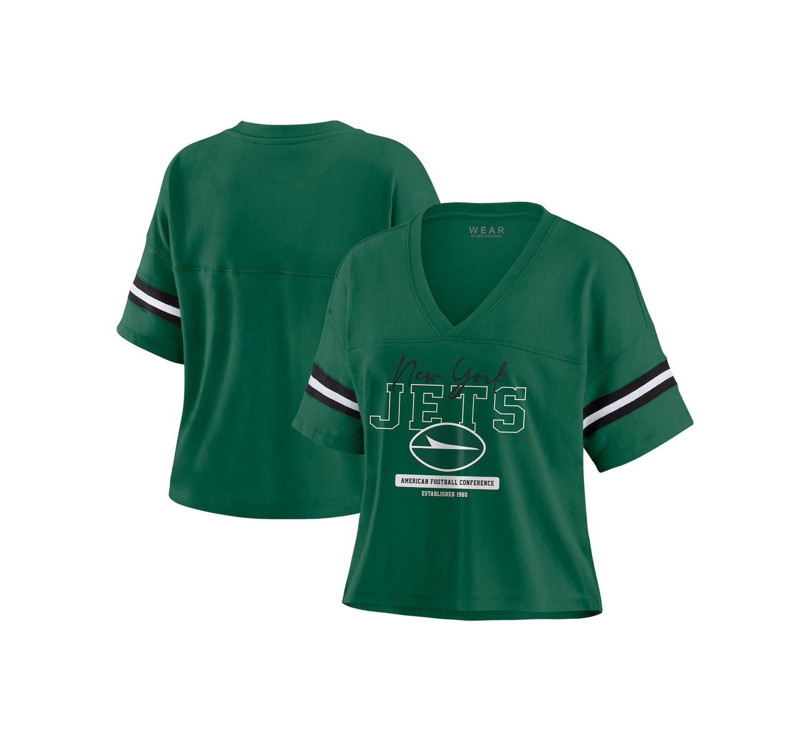 WEAR by Erin Andrews Women's Green New York Jets Color Block Boxy Modest Crop V-Neck T-Shirt