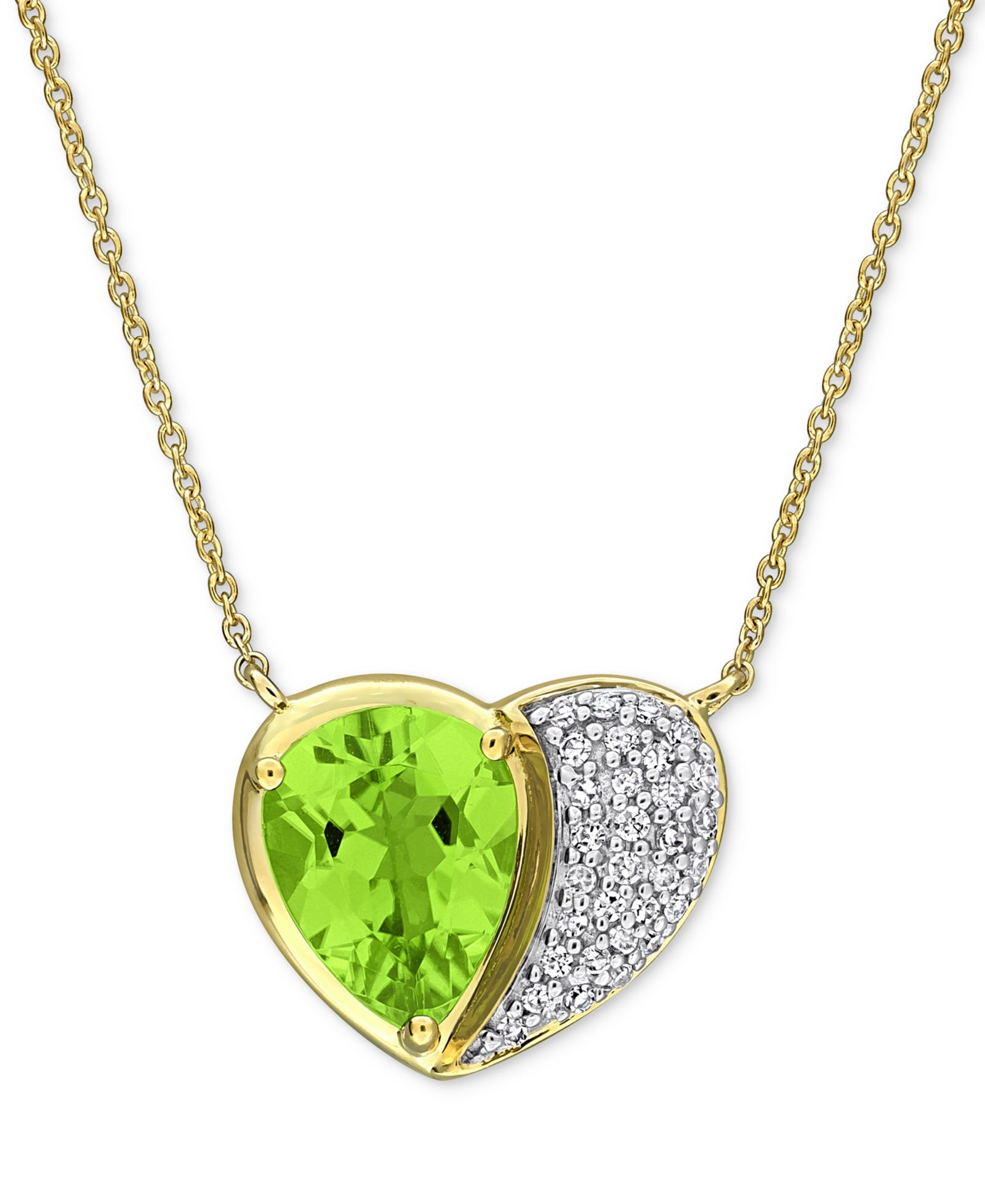 Подвеска в форме сердца с перидотом (1-5/8 ct. t.w.) и бриллиантом (1/6 ct. t.w.), 18" ожерелье, 10k желтое золото