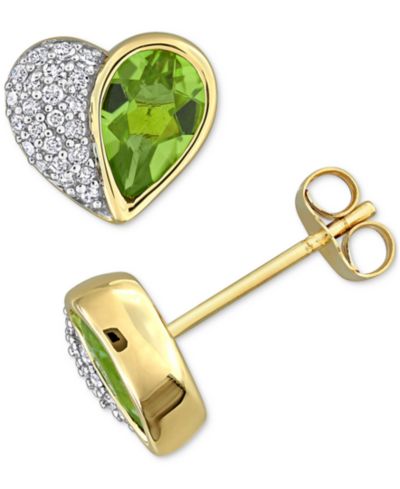 Серьги-гвоздики с перидотом (1-1/2 ct. t.w.) и бриллиантом (1/5 ct. t.w.) в форме сердца, желтое золото 10k
