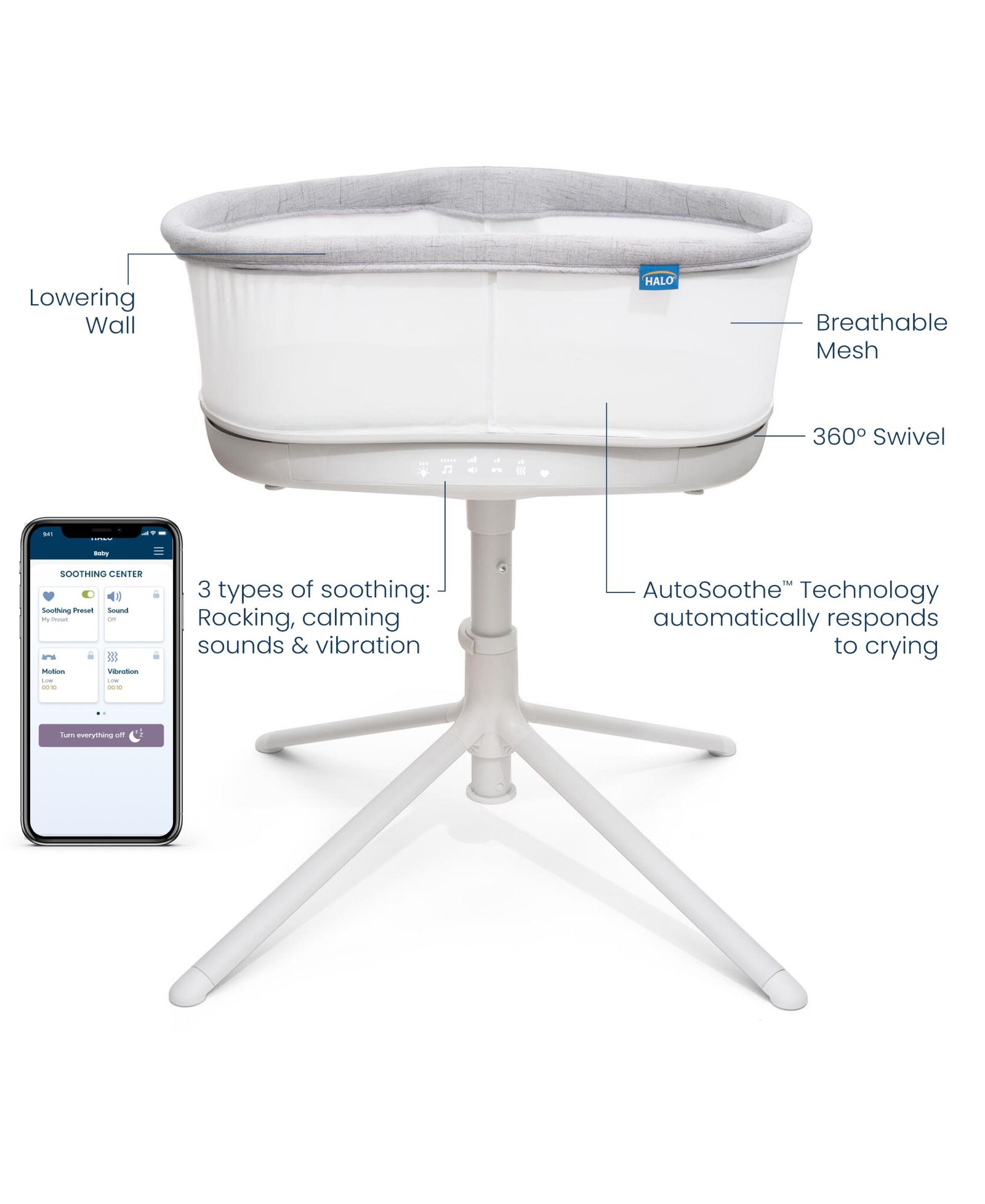 HALO Baby BassiNest Connected Swivel Sleeper 3.0 - Smart Bassinet with AutoSoothe, Easy Lowering Wall