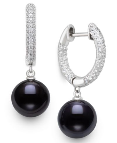 Belle de Mer Cultured Freshwater Peacock Black Pearl (10-11mm) and Lab Created Sapphire Drop Earrings in Sterling Silver