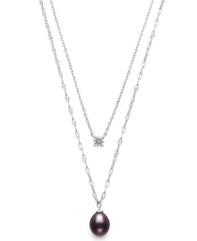 Belle de Mer Cultured Freshwater Peacock Black Drop Pearl (8-9mm) and Lab Created Sapphire Necklace in Sterling Silver
