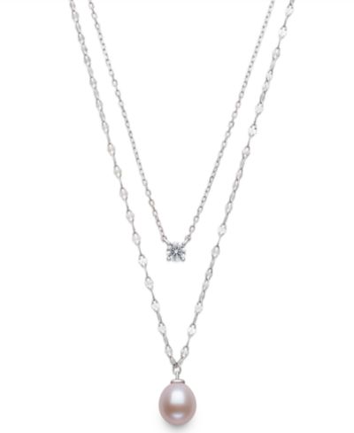 Ожерелье Belle de Mer Freshwater Blush Pink Drop Pearl (8-9mm) и Lab Created Sapphire в серебре Sterling Silver