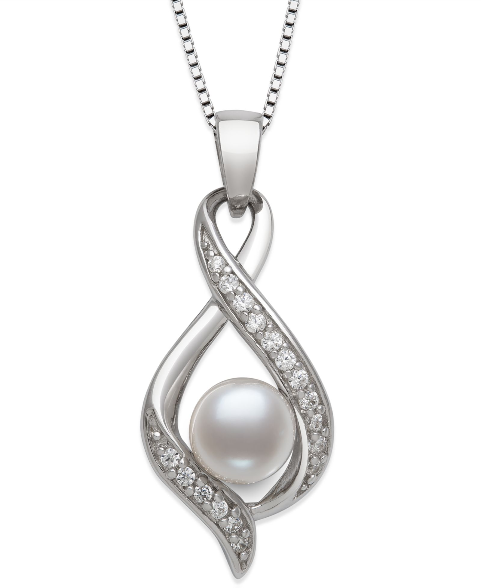 Belle de Mer Freshwater Button Pearl (6-7mm) and Lab Created Sapphire Necklace in Sterling Silver