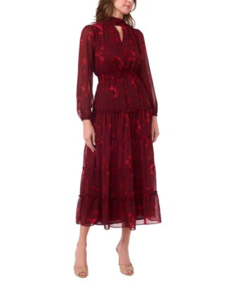 MSK Women's Long-Sleeve Keyhole Mock Neck Tiered Maxi Dress