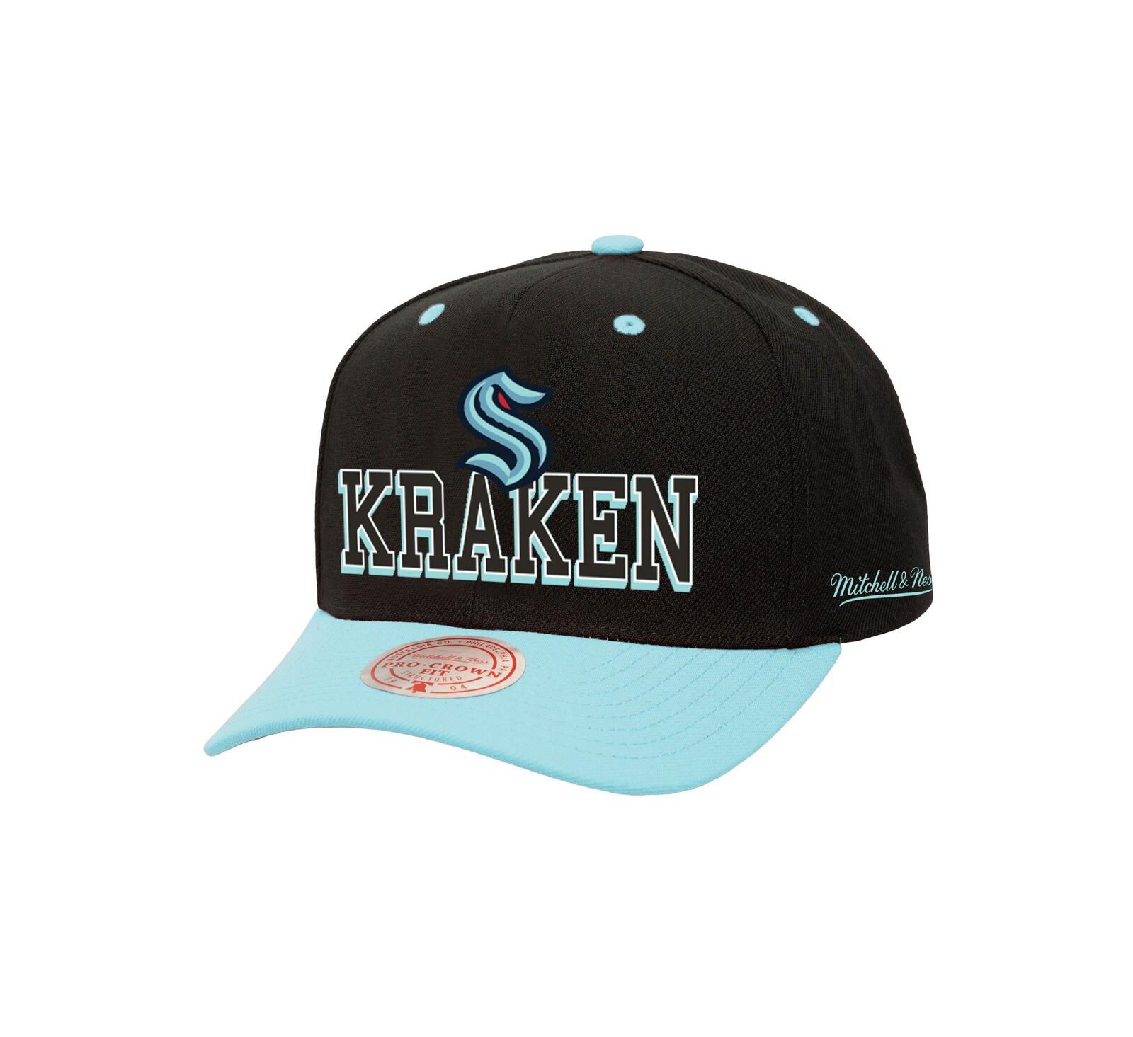 Мужская кепка Mitchell Ness Black/Light Blue Seattle Kraken Backside Script Two-Tone Pro Crown Adjustable Hat