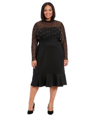 London Times Plus Size Faux-Pearl Ruffled-Hem Dress