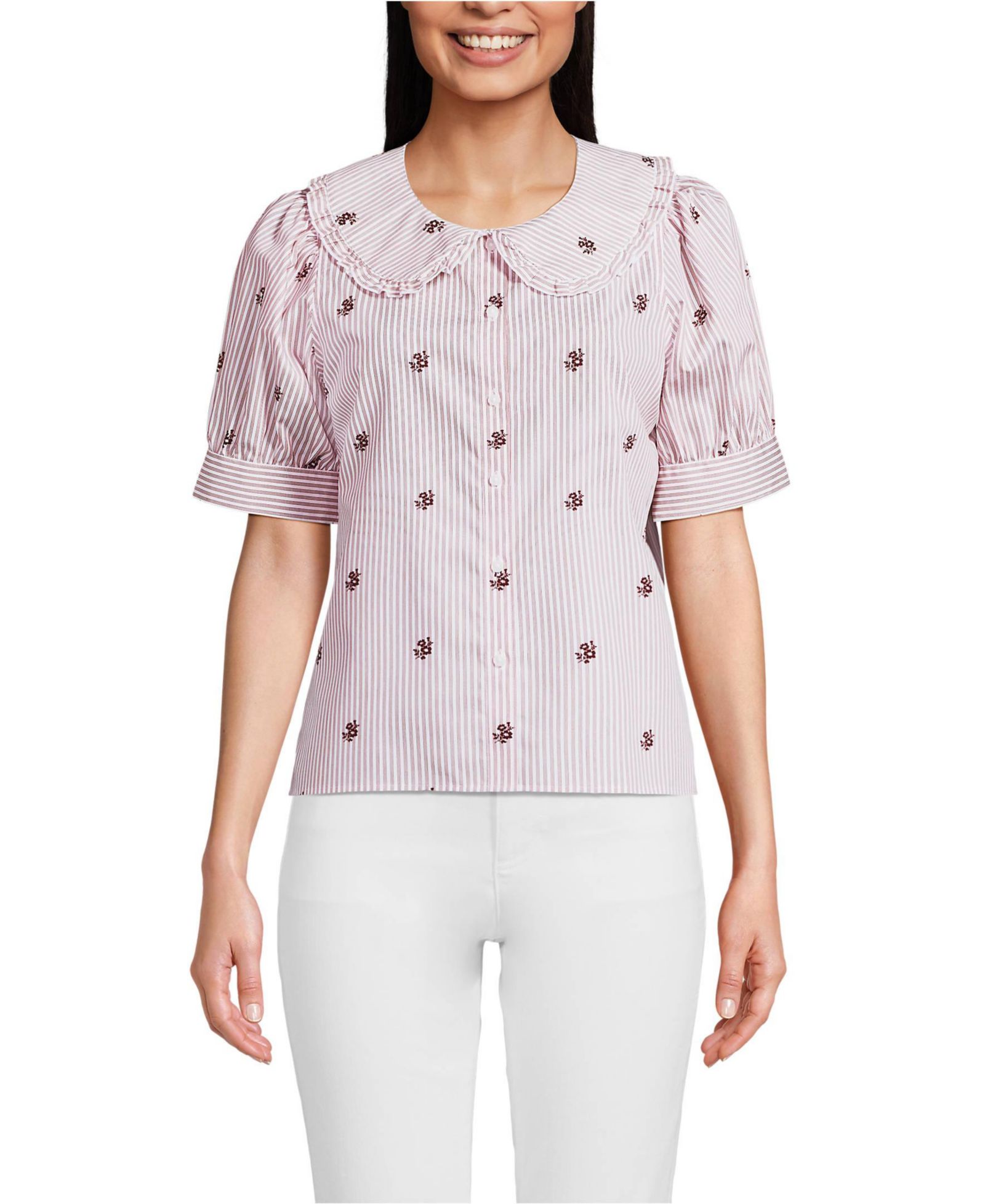Женская хлопковая рубашка Lands' End Puff Sleeve Statement Collar