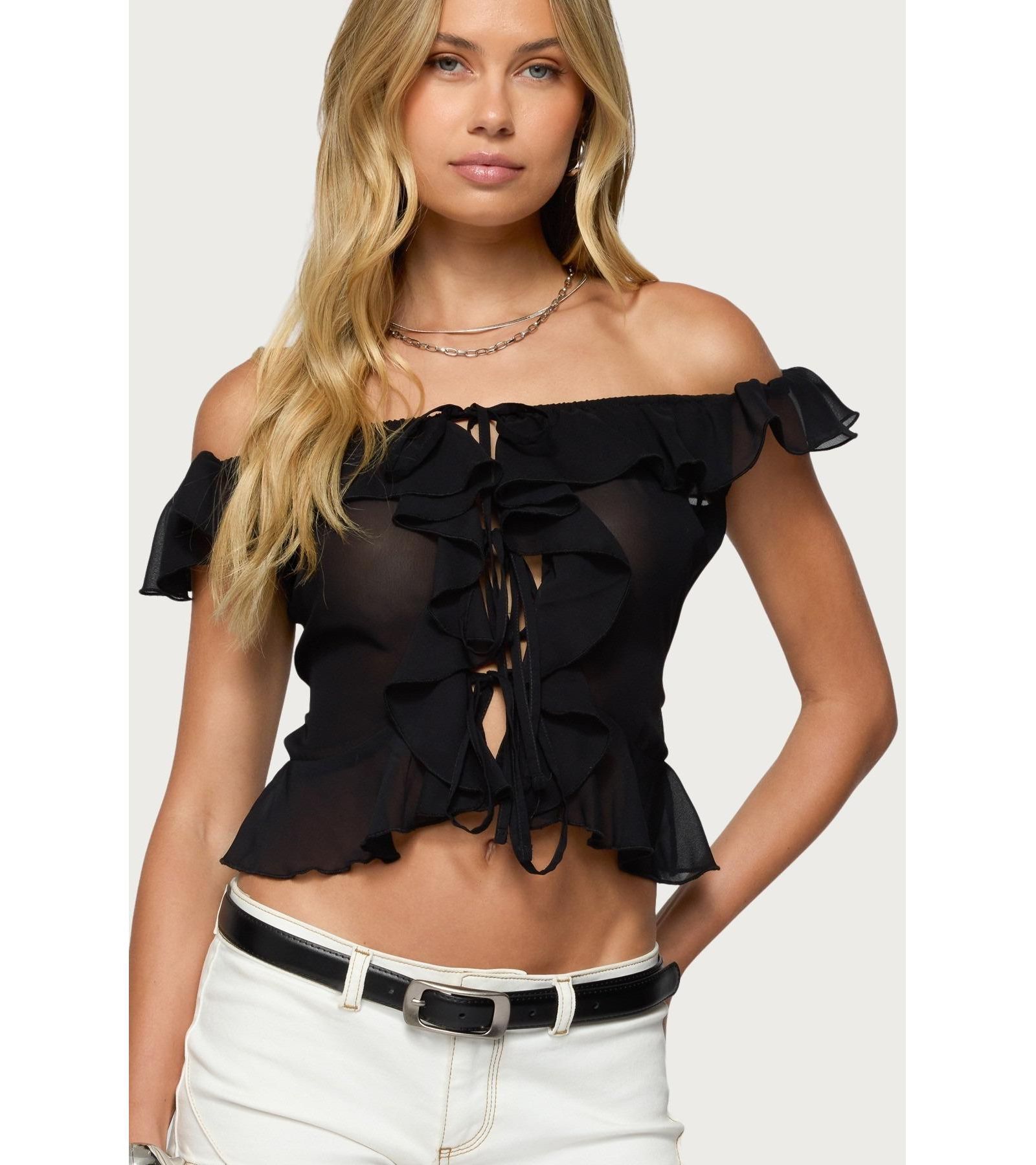 Женский топ Edikted Sheer Chiffon Ruffled Off Shoulder