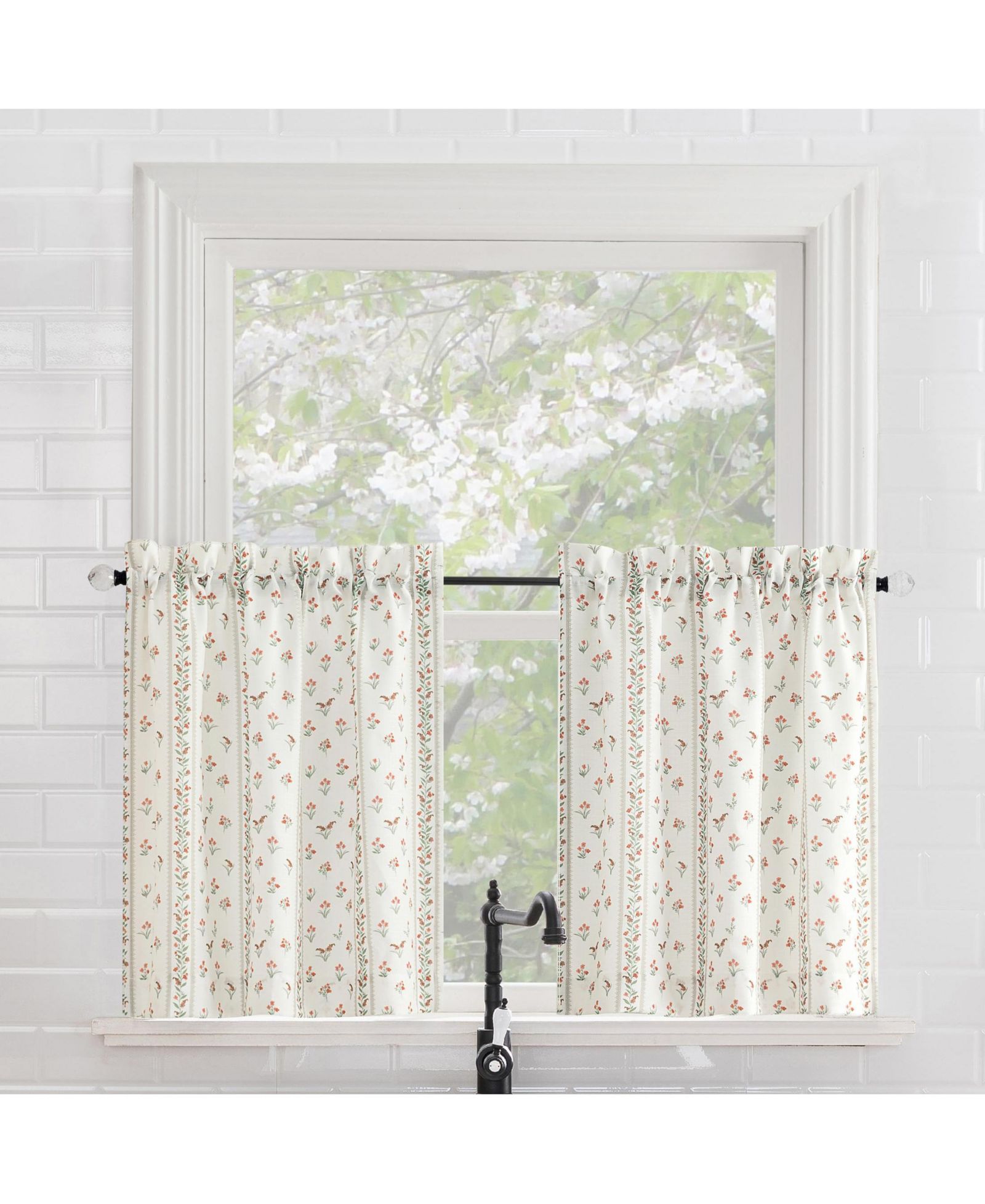 No. 918 Ridgewood Floral Stripe Semi-Sheer Rod Pocket Kitchen Curtain Tier Pair
