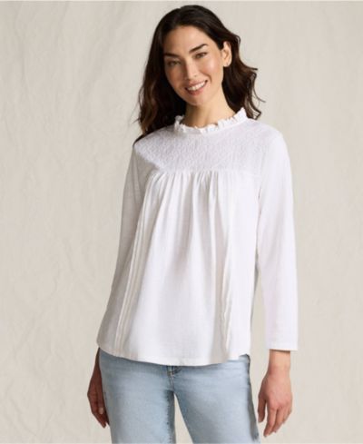 Lands' End Женский топ с 3/4 рукавом из хлопка с кружевом