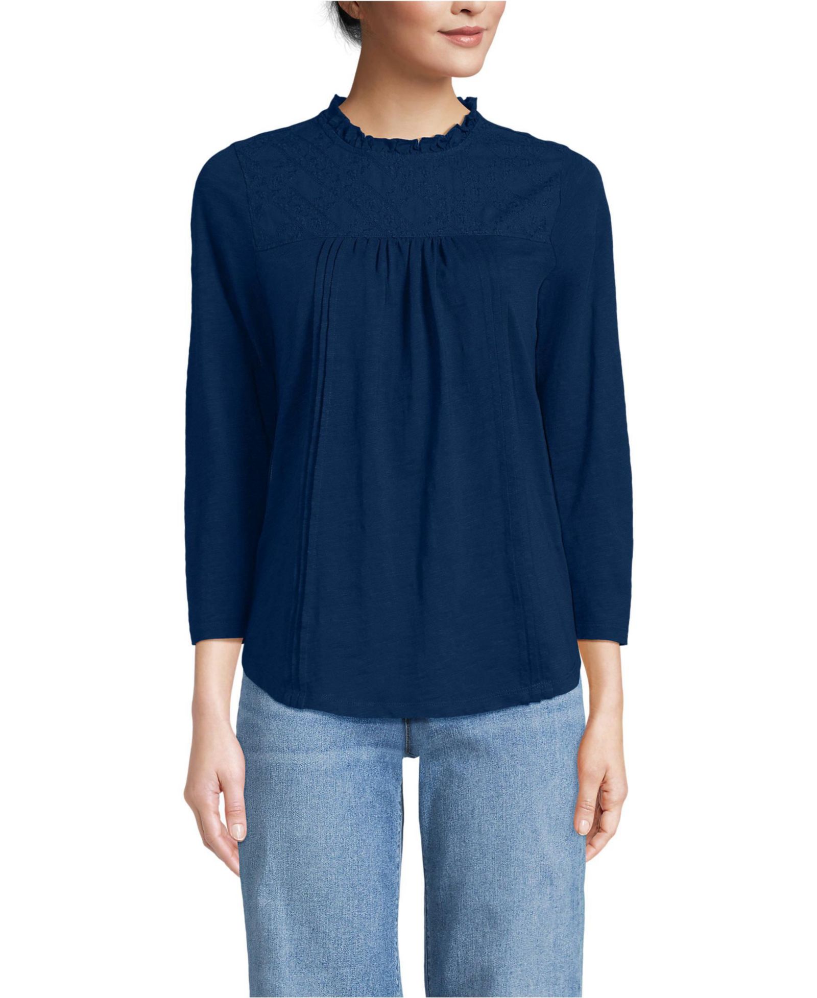 Lands' End Женский топ с 3/4 рукавом из хлопка с кружевом