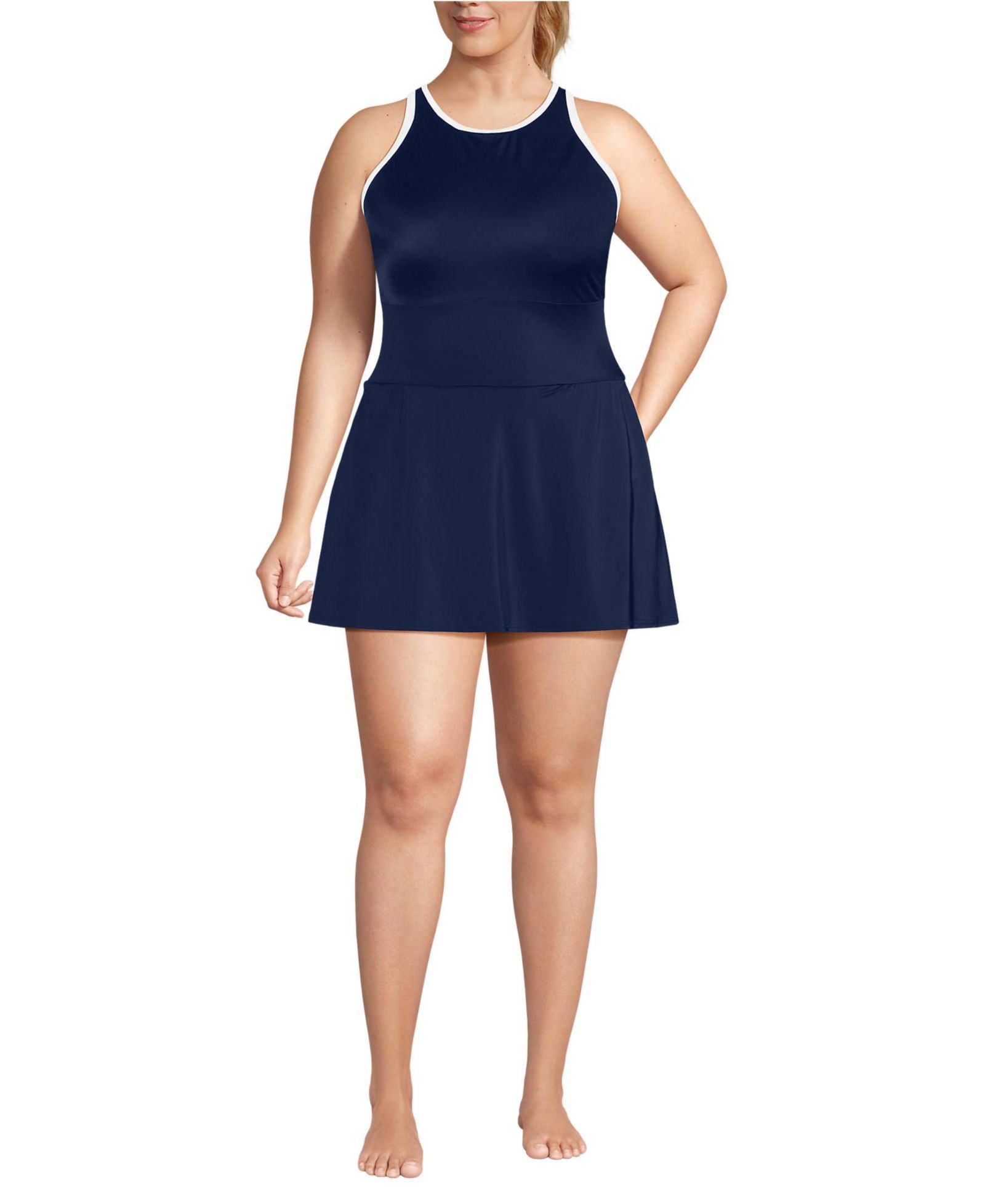 Lands' End Plus Size Chlorine Resistant Tugless High Neck Swim Dress One Piece Swimsuit