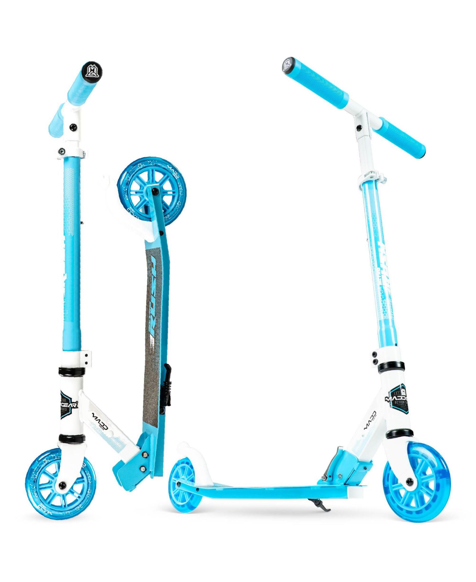 Folding Kick Scooter with Lights - Madd Gear Rush 125 - White Blue
