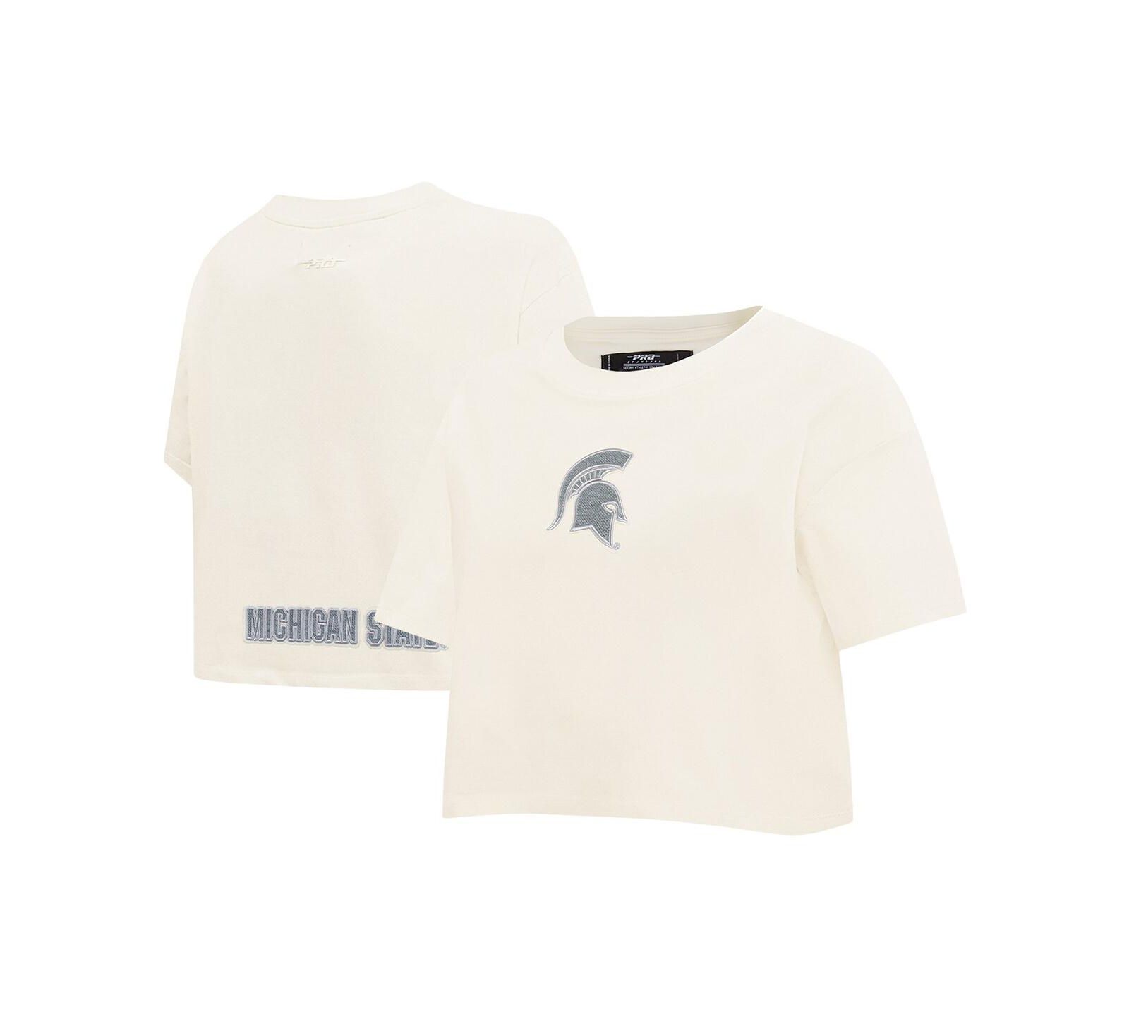 Pro Standard Women's Cream Michigan State Spartans Reverse French Terry Boxy Cropped T-Shirt