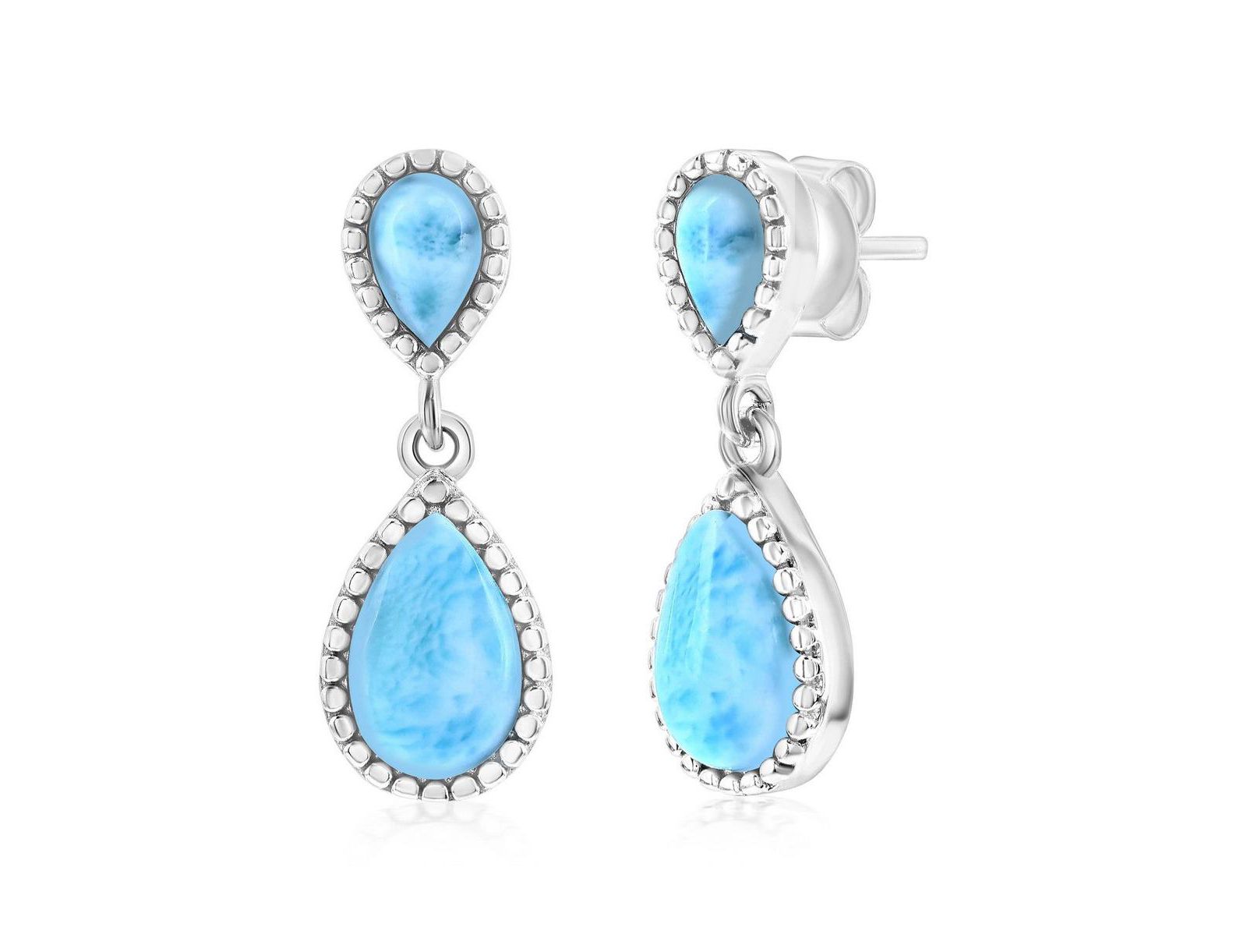 Sterling , Double Pear-Shaped Larimar w/Beaded Border Earrings