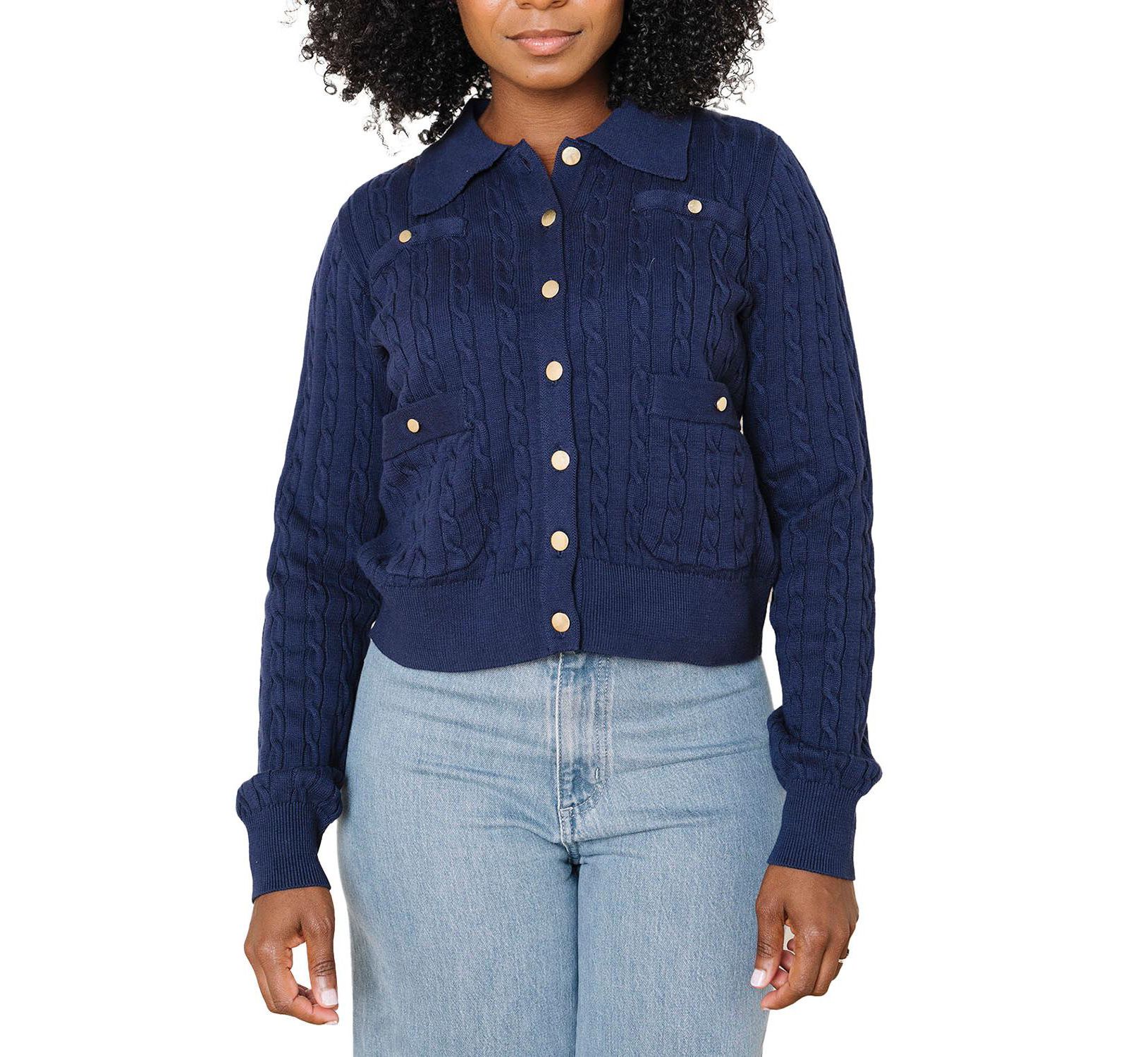 Hope & Henry Women's Hope and Henry Organic Cable Knit Collared Cardigan Sweater