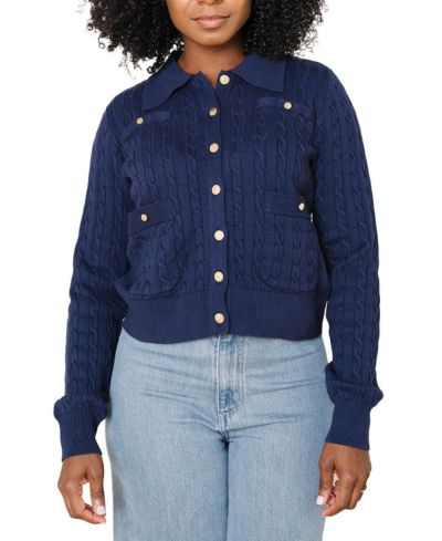 Hope & Henry Women's Hope and Henry Organic Cable Knit Collared Cardigan Sweater