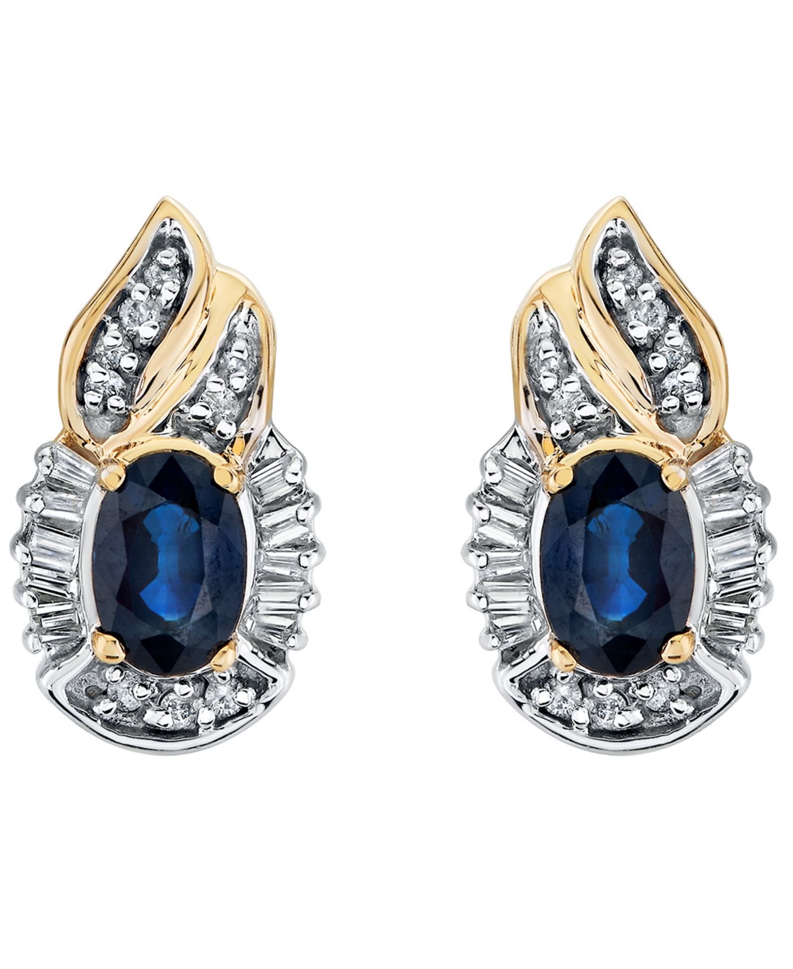 Серьги с бриллиантами Sapphire, Diamond, Round Diamond и Baguette Diamonds в золоте 14k Yellow Gold