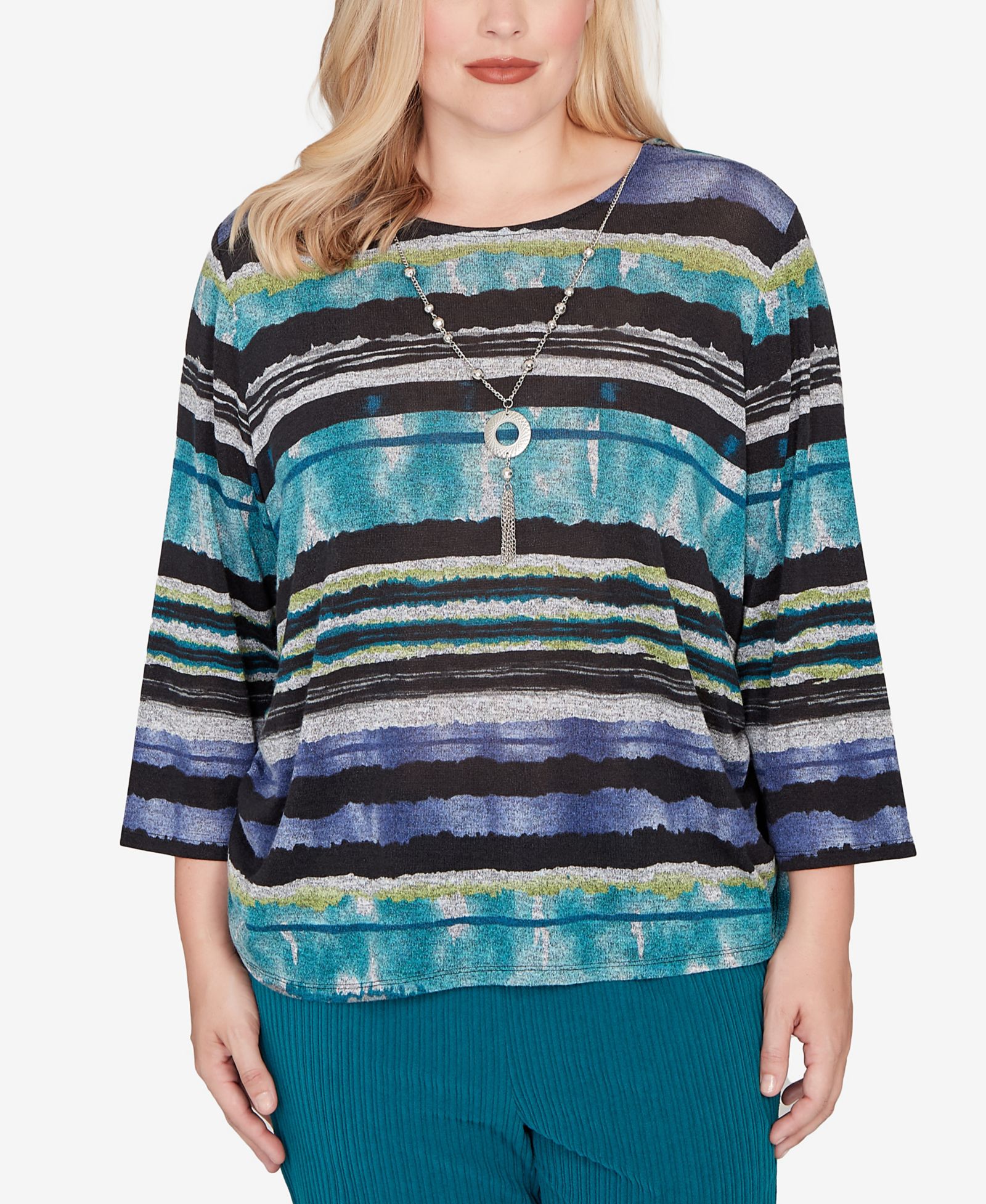 Alfred Dunner Petite Lake Champlain Biadere Melange Stripe Top With Necklace