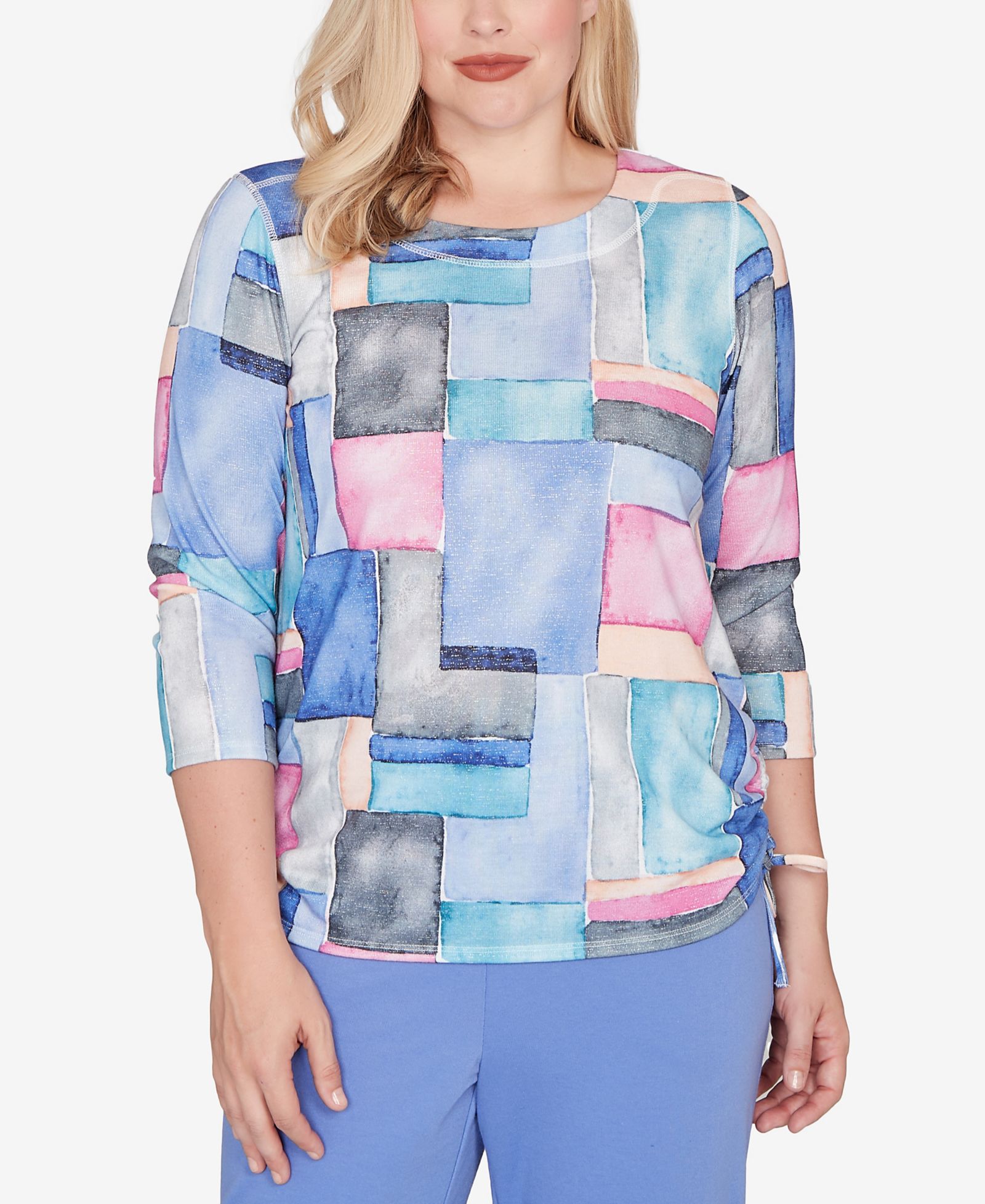 Alfred Dunner Petite Casual Vibe Tie Side Ruched Colorblock Top
