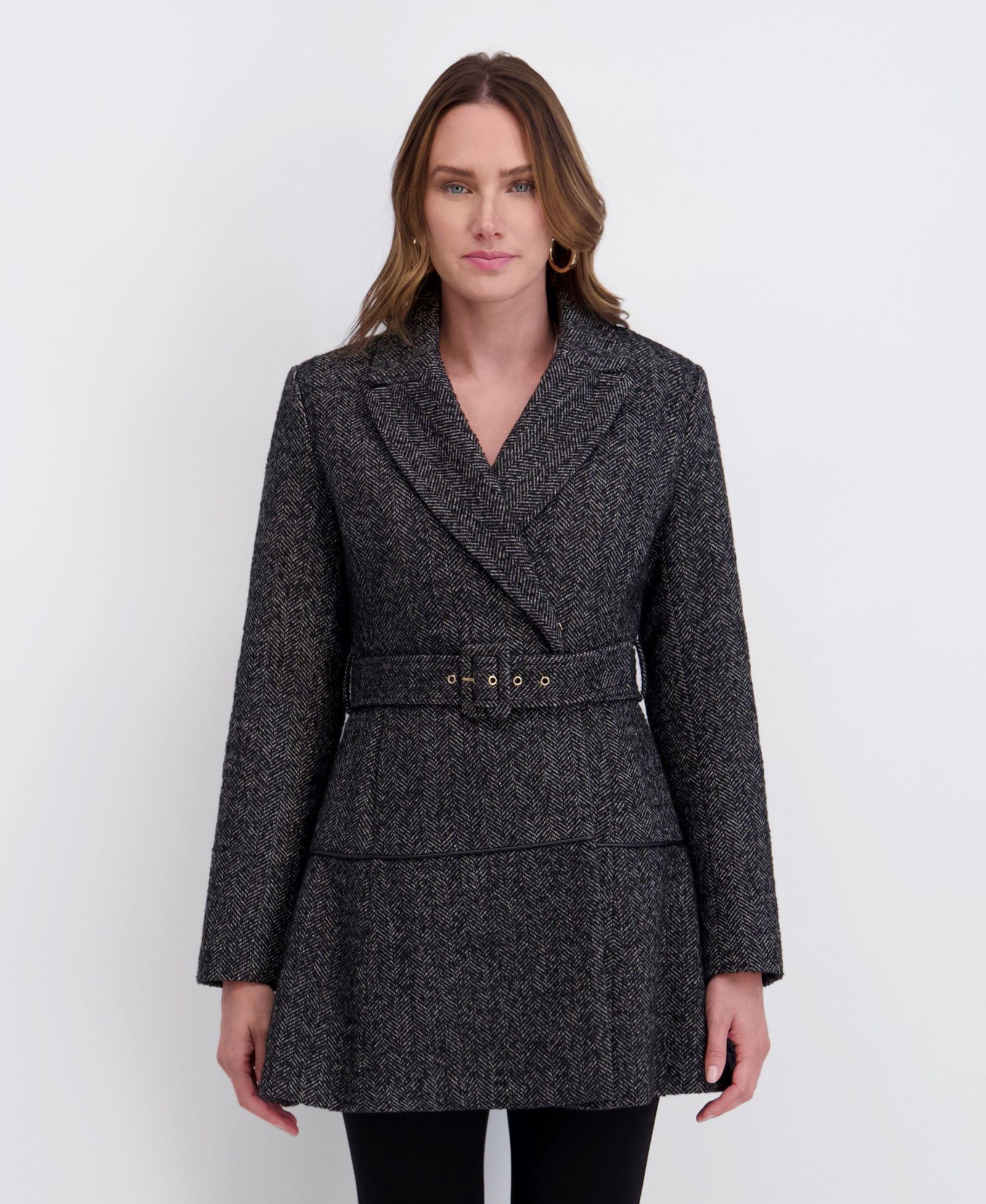 Kensie Women's Belted Herringbone Tweed Skirted Wool Jacket