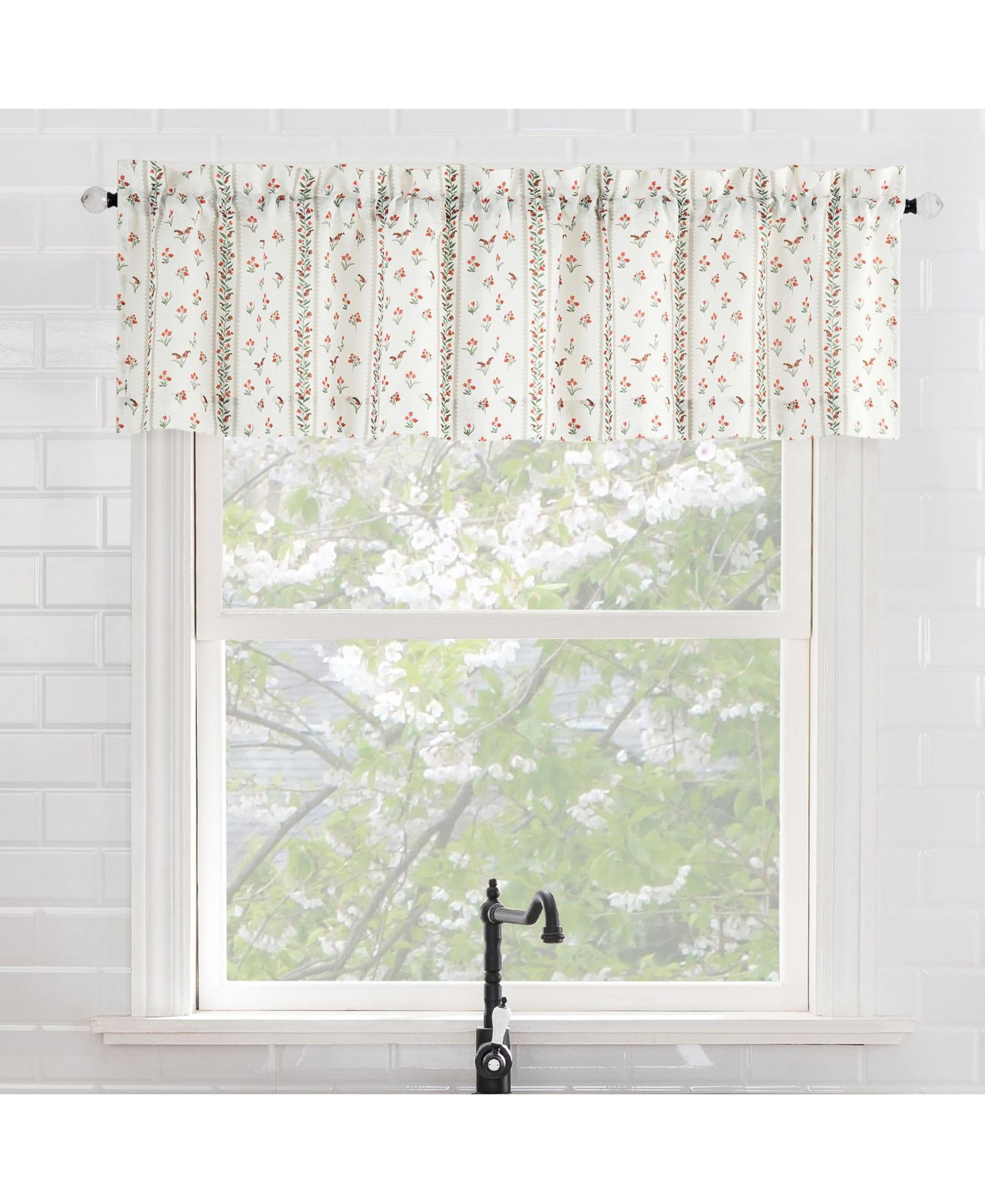 No. 918 Ridgewood Ditsy Floral Stripe Semi-Sheer Rod Pocket Kitchen Curtain Valance