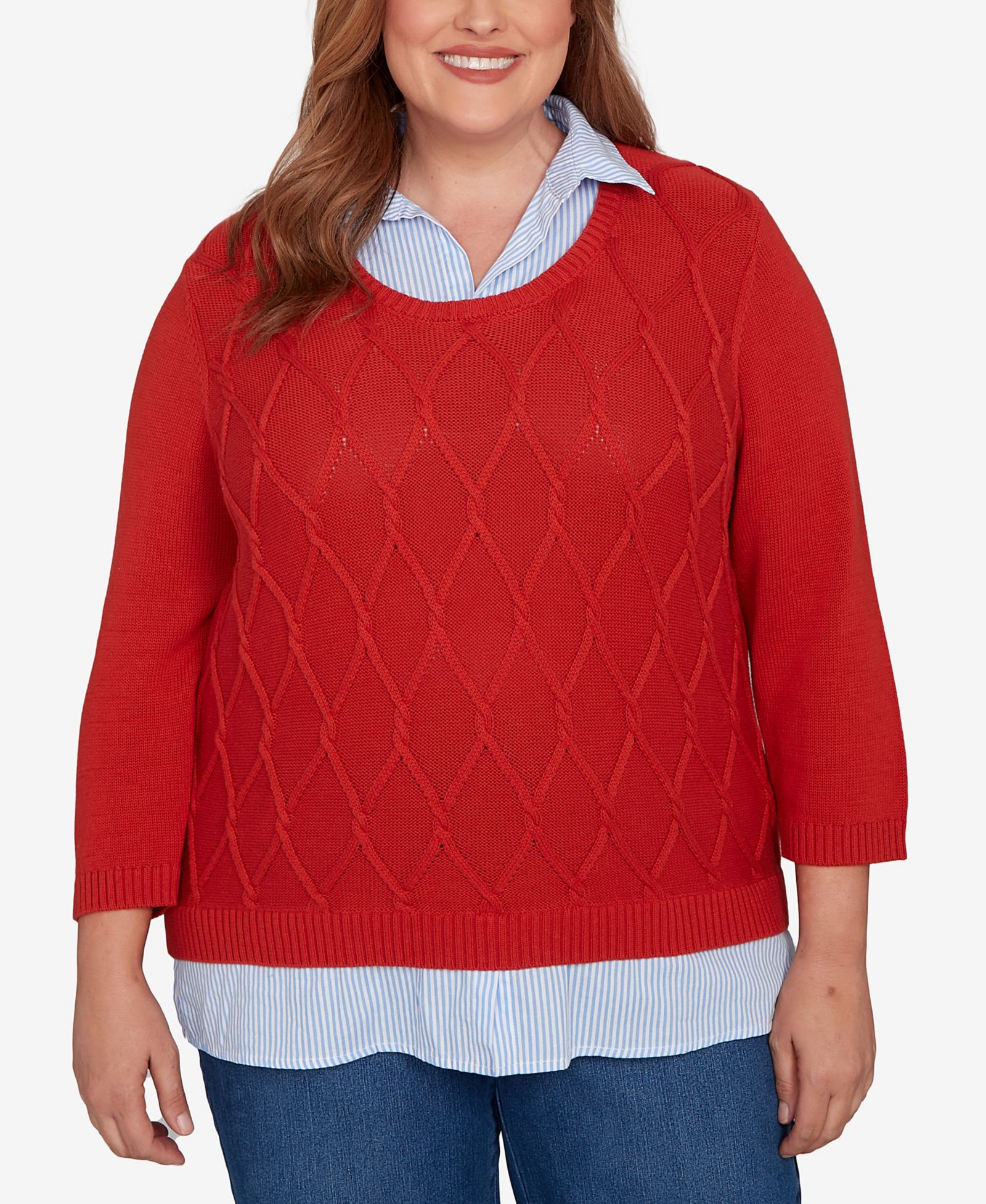 Alfred Dunner Plus Size Sunset Canyon Stitched Cable Stripe Woven Trim Sweater