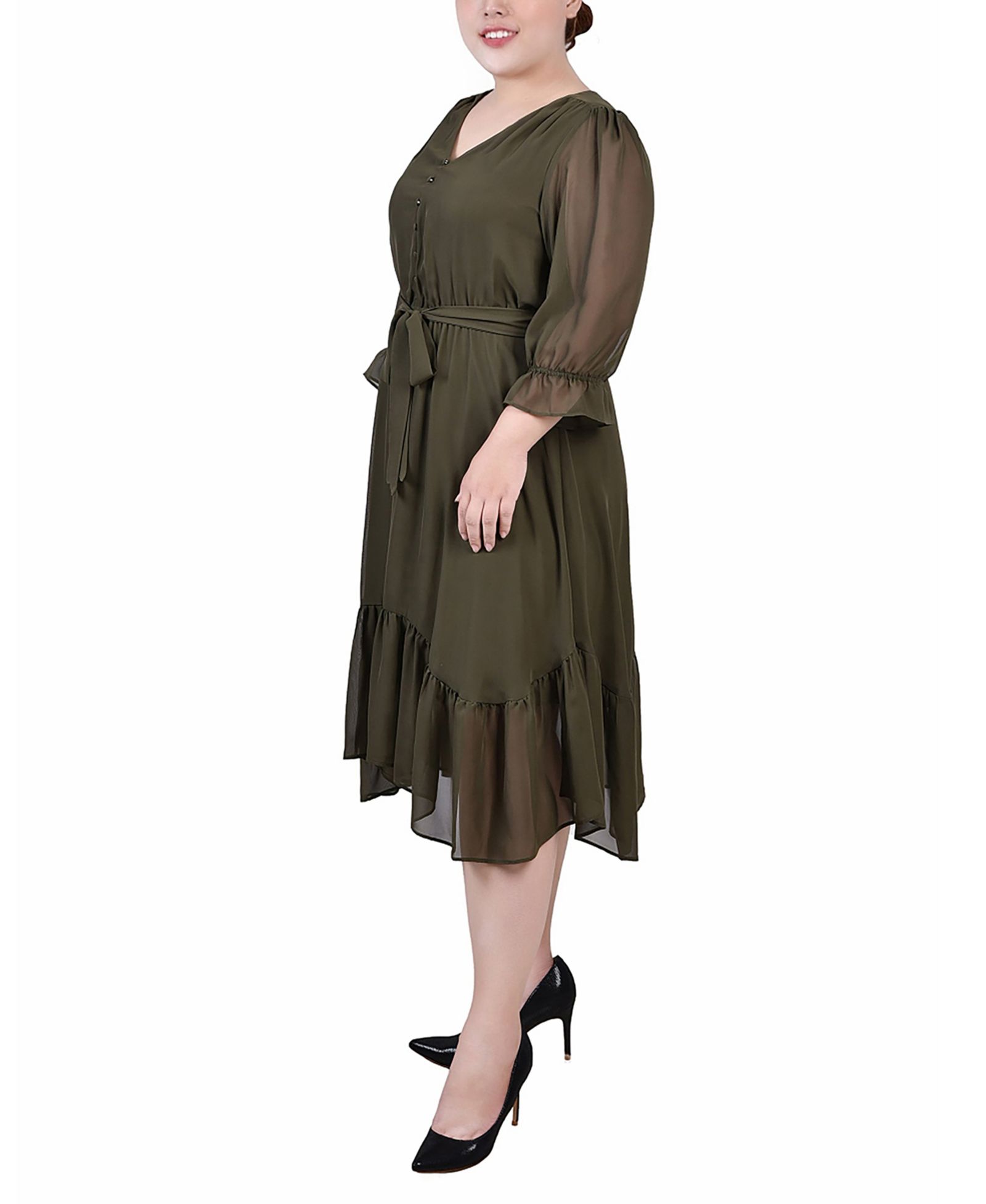 NY Collection Платье с воланами и V-образным вырезом, Plus Size