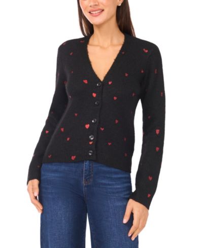 CeCe Women's Valentine's V-Neck Foil Heart Cardigan Sweater