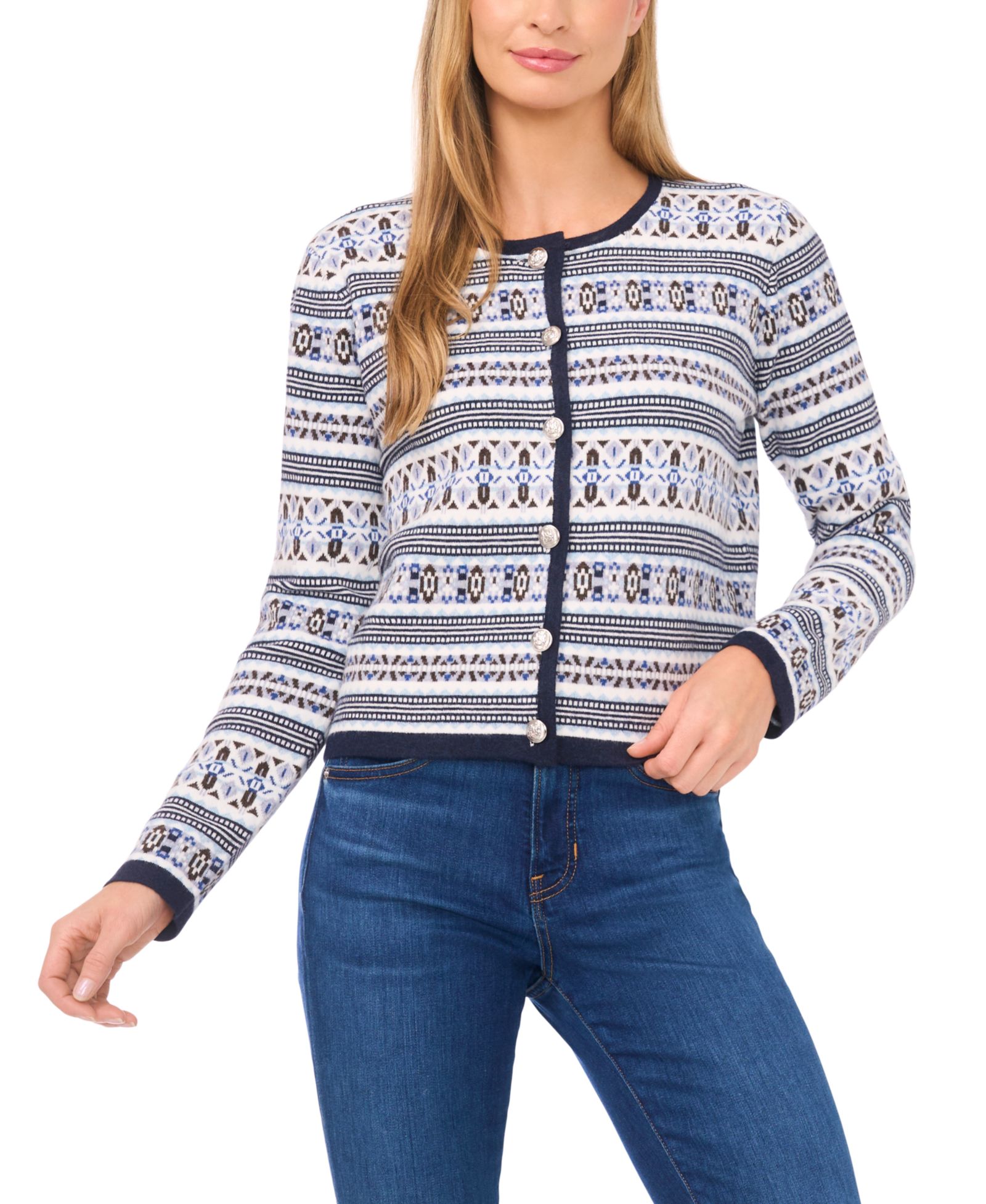 CeCe Women's Striped Crewneck Cardigan Sweater