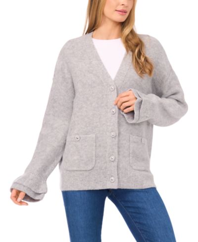 CeCe Women's V-Neck Ruffle Cuff Cardigan Sweater