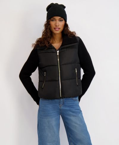 Kensie Women's Mixed Media Short Puffer with Knit Sleeves and Collar