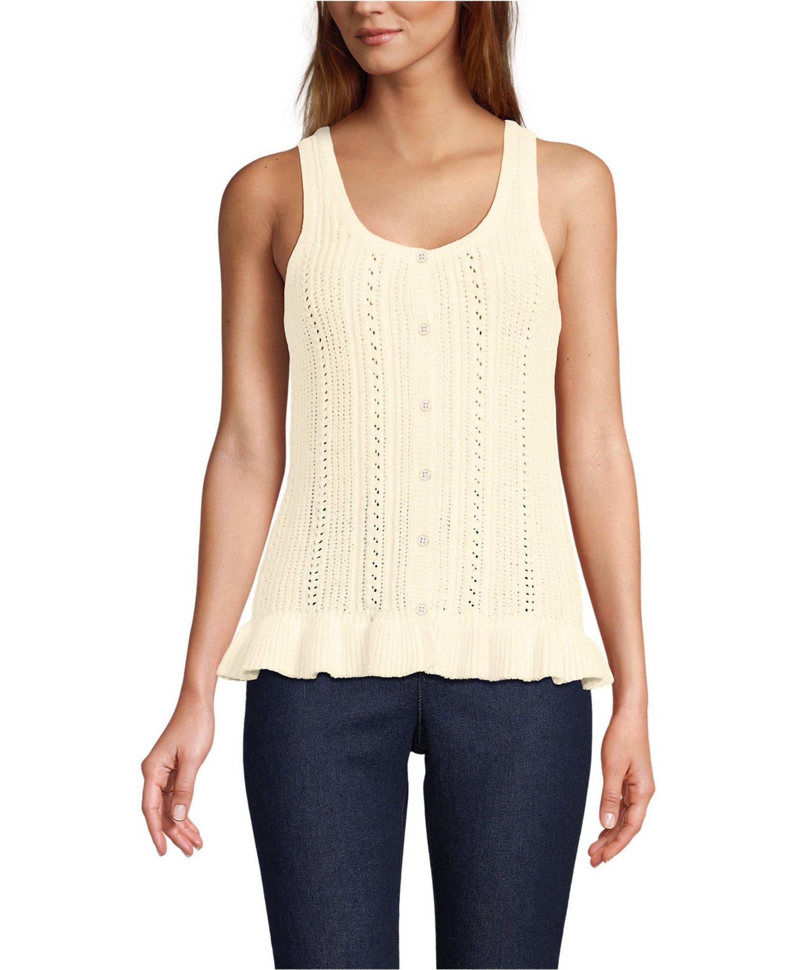 Lands' End Women's Cotton Boucle Ruffle Hem Sleeveless Sweater