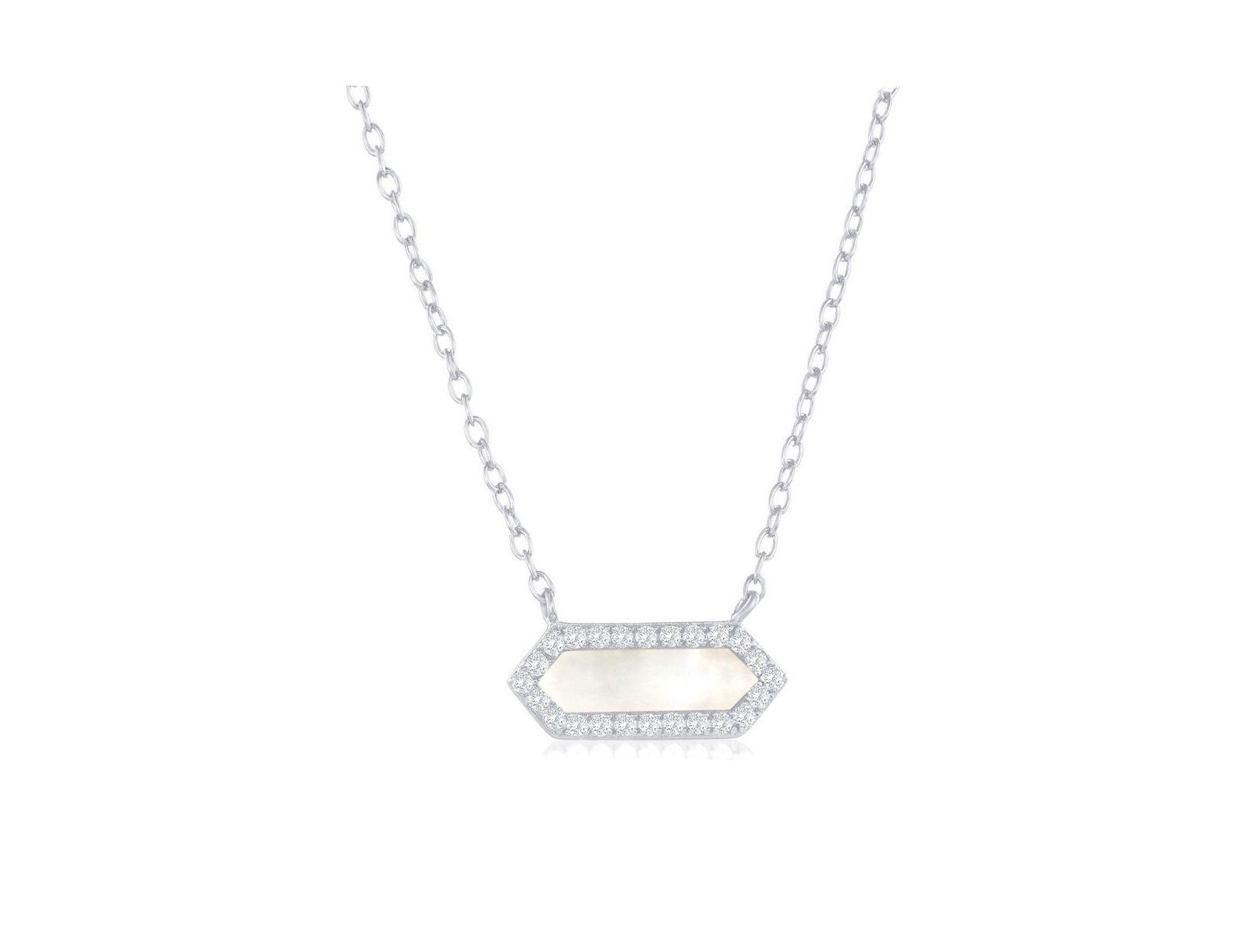 Sterling , Hexagon MOP, CZ Border Necklace