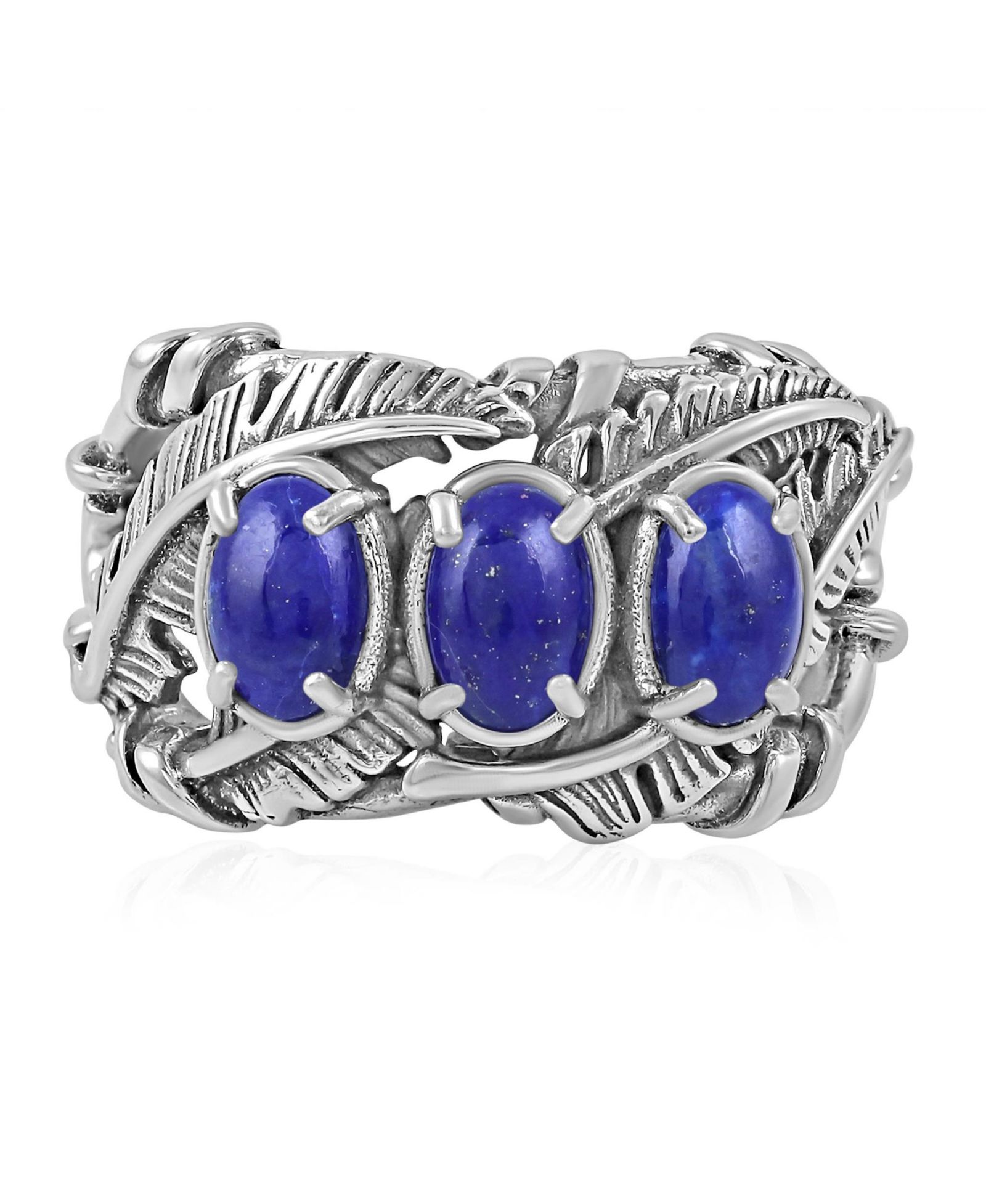 American West Jewelry Lapis Three Stone Feather Ring Sterling Silver