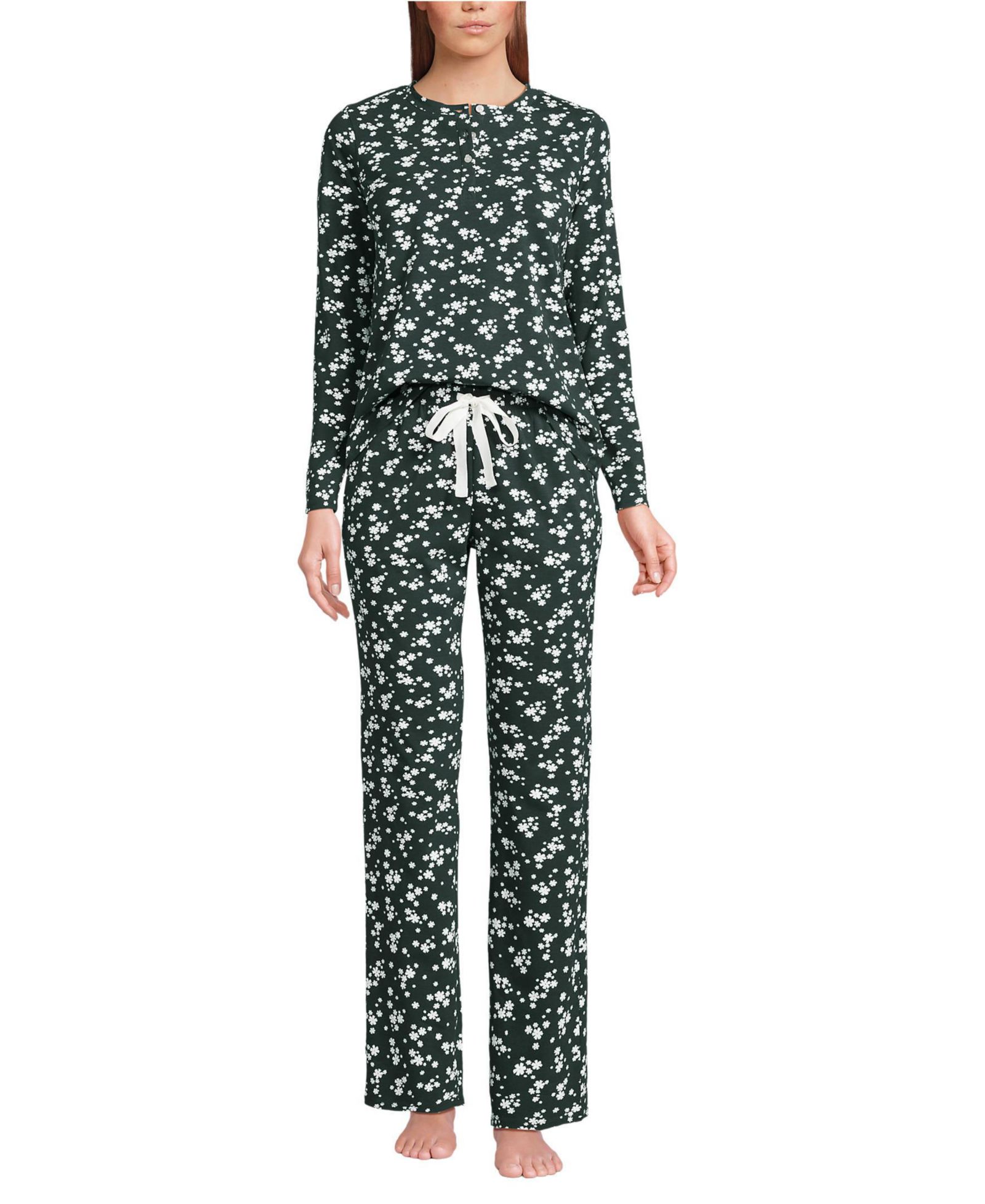 Lands' End Women's Knit 2 Piece Pajama Set - Long Sleeve Top and Pants
