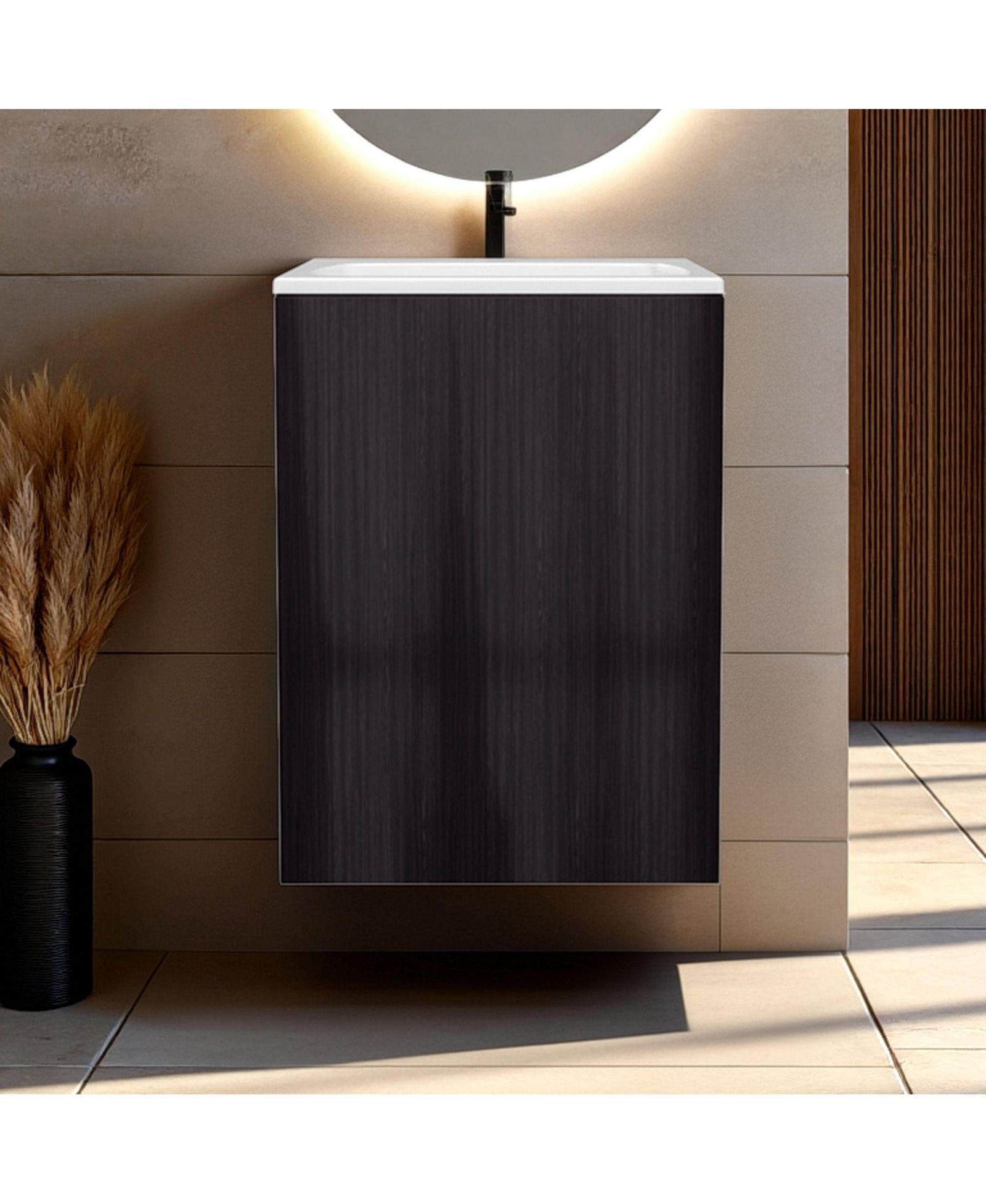 FM FURNITURE Siena Compact Vanity Cabinet, Single Door, Two Open Side Shelves, Space-Saving Design, Melamine,Bathroom Storage Unit, Natural Oak