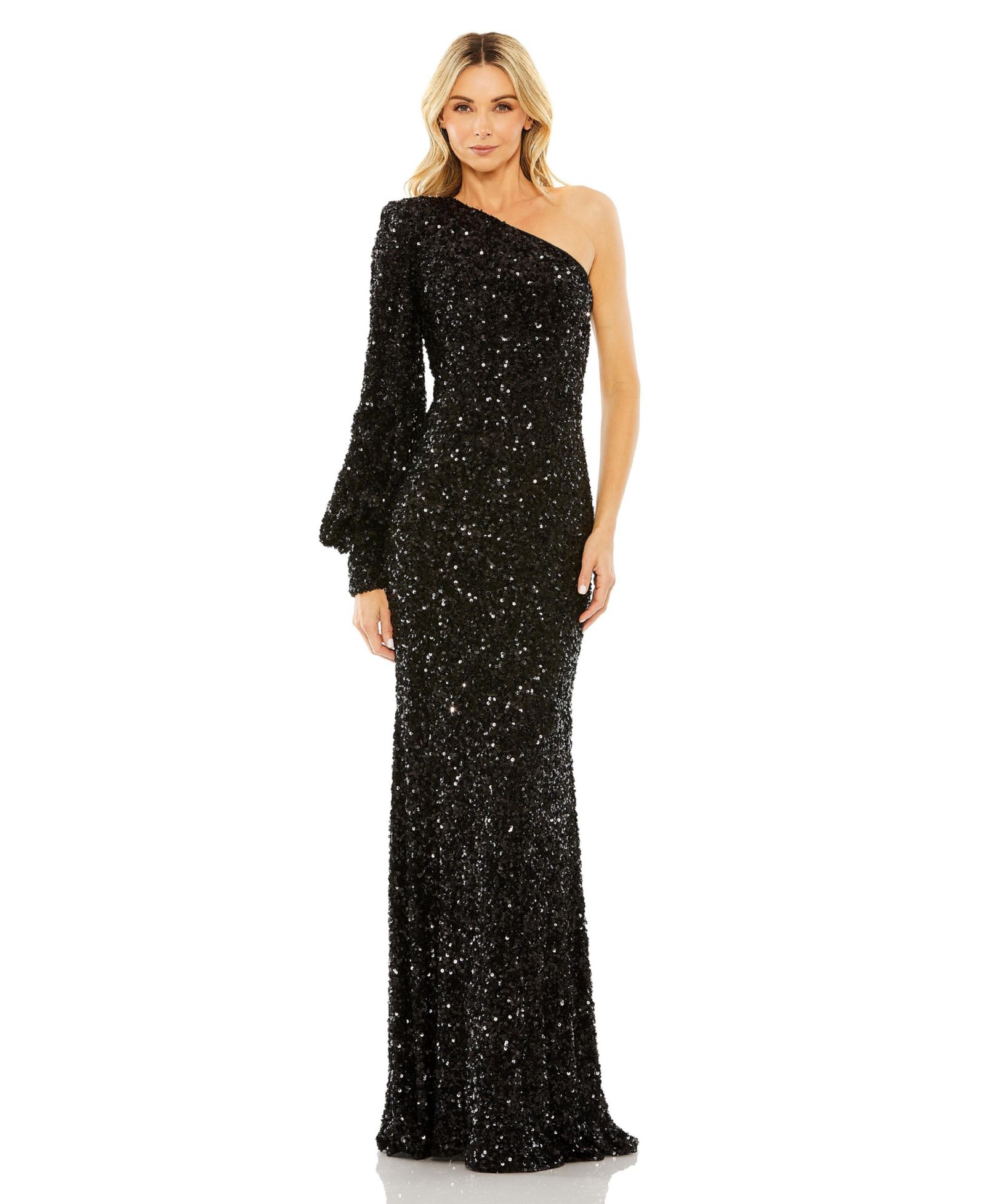 Женское вечернее платье Mac Duggal Sequined One Shoulder Bishop Sleeve Trumpet