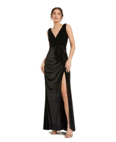 Mac Duggal Women's Deep V High Slit Draped Velvet Fitted Gown