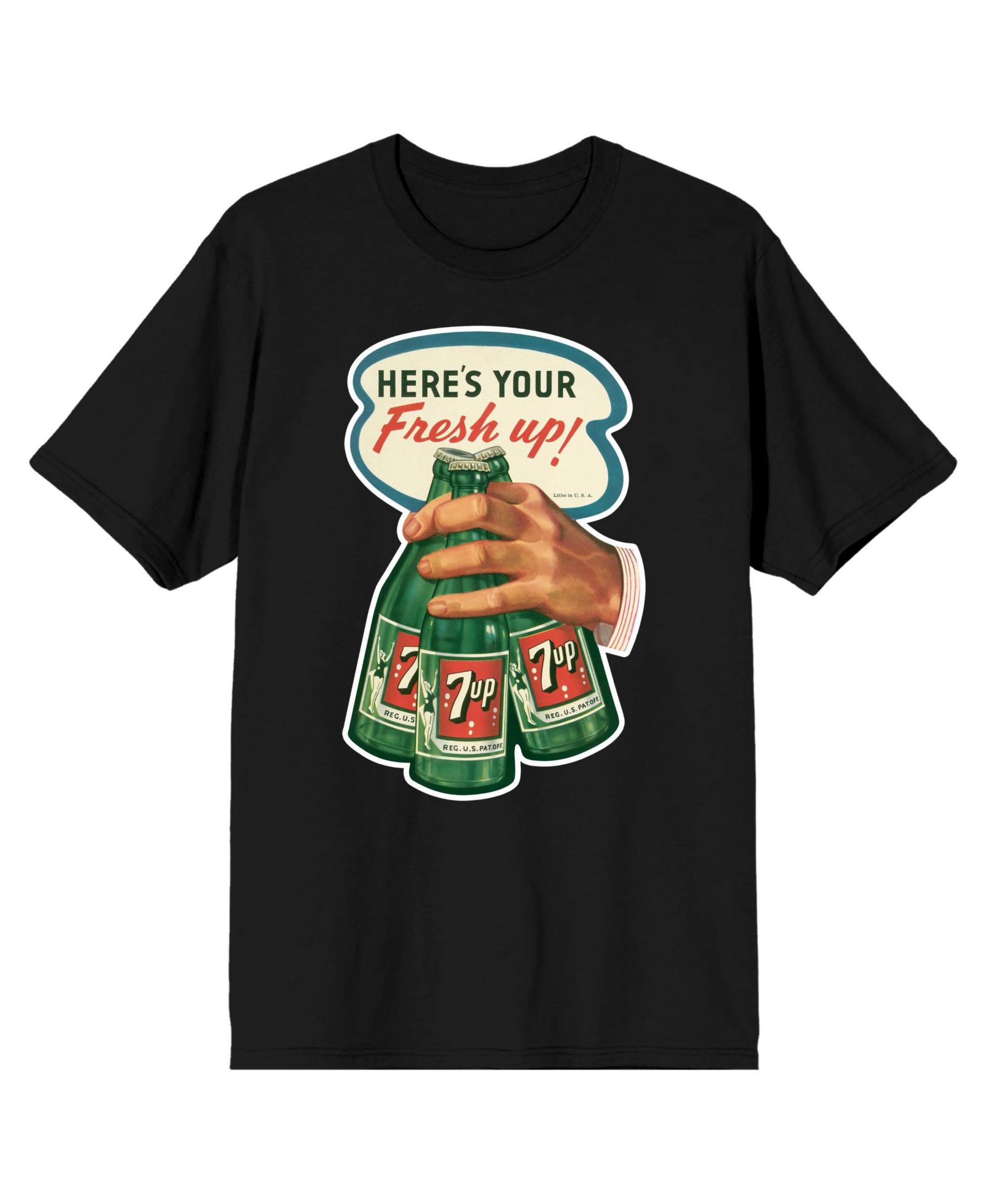 7UP Big & Tall Here's your Fresh Up! Hand with 3 Bottle og Green Softdrinks Black Short Sleeve Adult T-Shirt