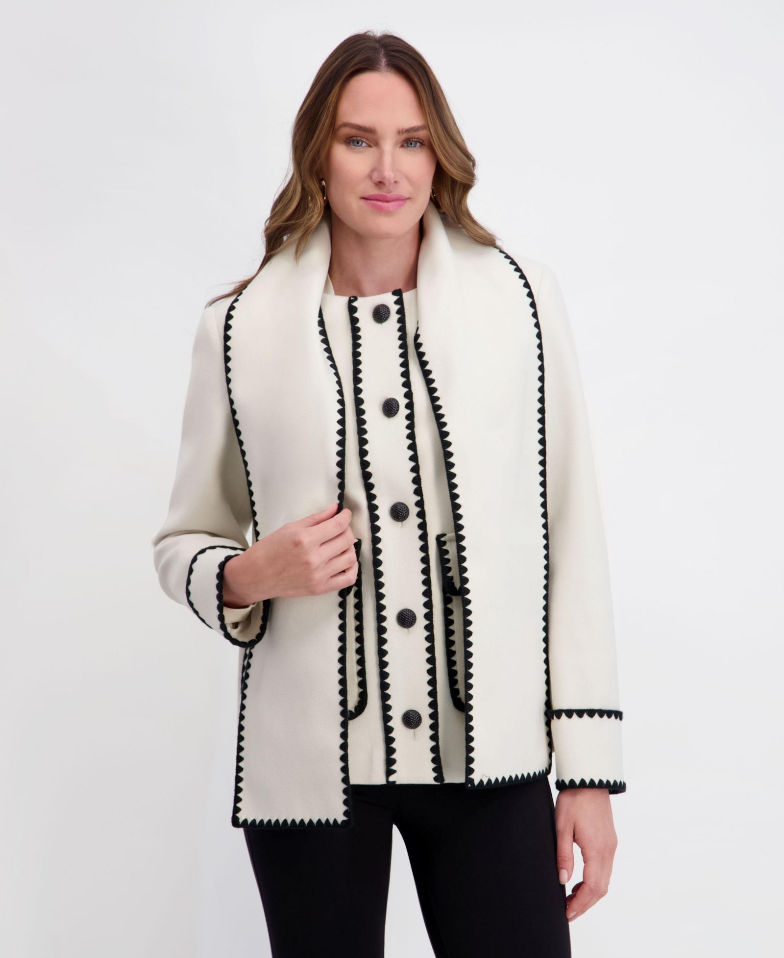 Kensie Women's Scarf Collar Faux Wool Jacket with Whipstitch Detail